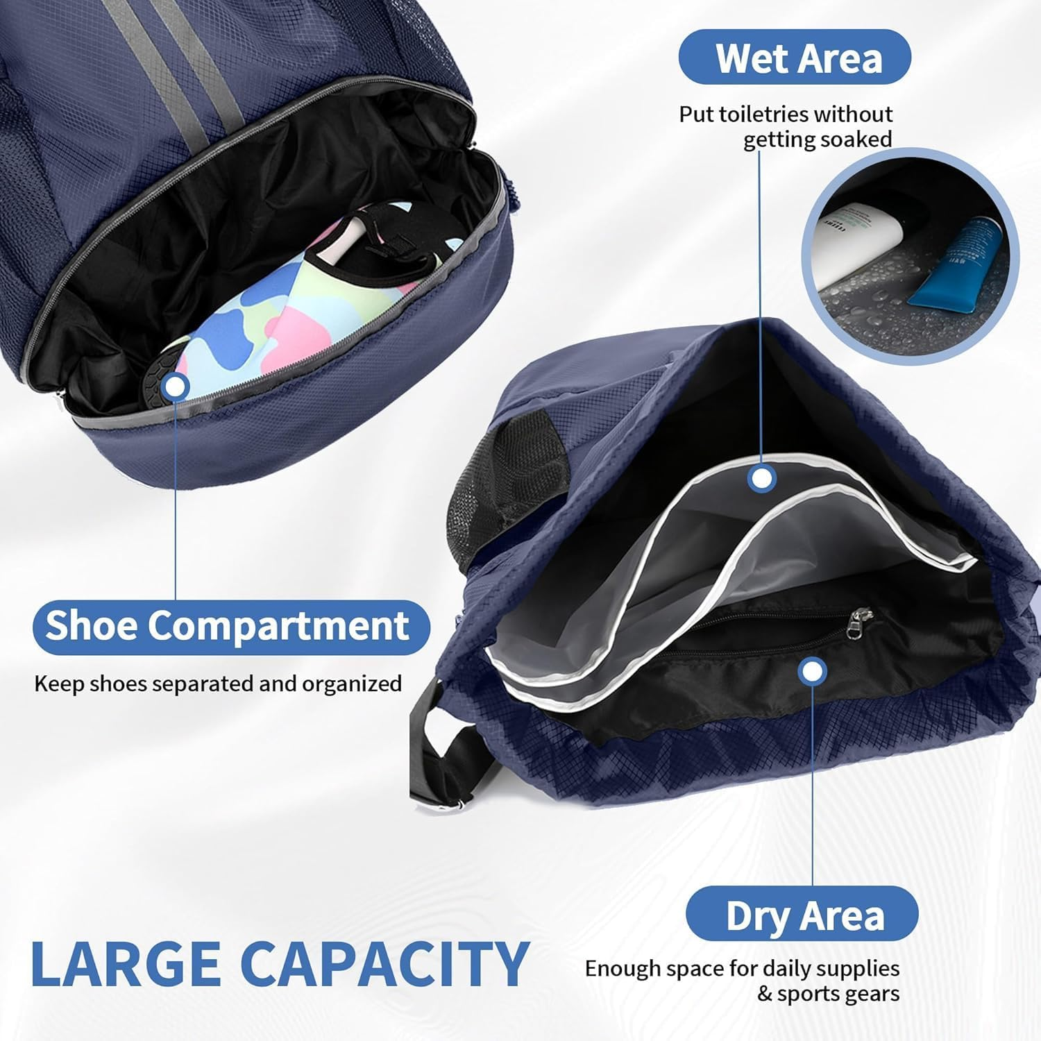 Sports Drawstring Backpack,Water Resistant Lightweight String Gym Bag with Shoes Compartment and Wet Proof Pocket for Women Men. - Black image number 7
