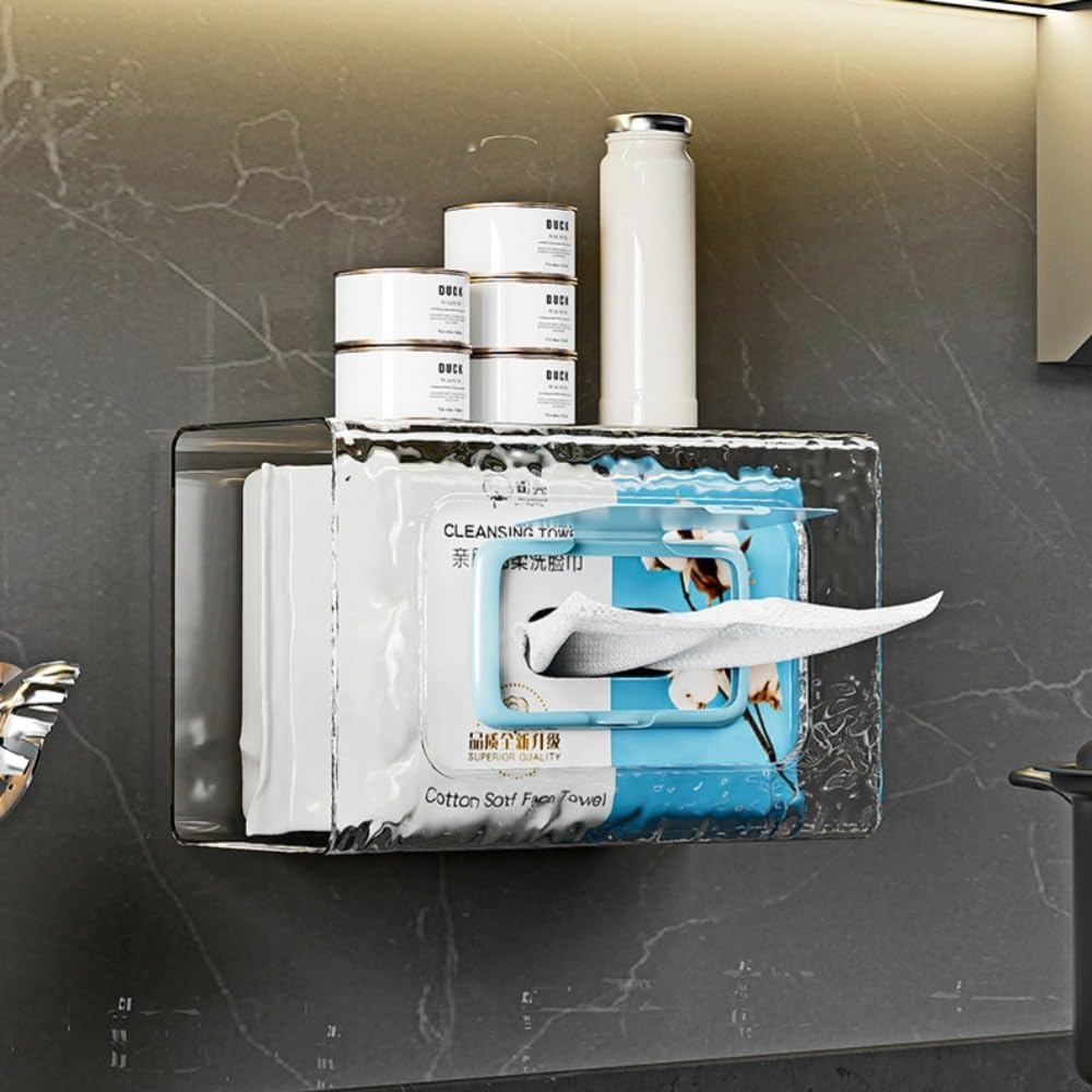 Poemtian Tissue Box Holder, Wipes Dispenser, Wall Mounted Tissue Box Holder, Clear Acrylic Tissue Box Holder, No Punching Self-Adhesive Wipes Holder for Bathroom, Wipes Dispenser for Kitchen Toilet image number 4