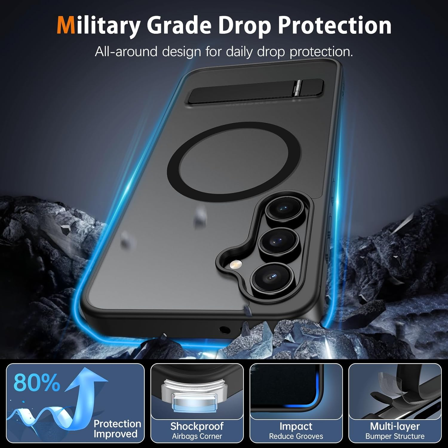 VENINGO Samsung Galaxy S24 FE 5G Case, Magnetic Cover with Invisible Kickstand, Compatible with Magsafe Slim Fit Anti-Scratch Military Grade Drop Protection Matte Translucent Hybrid Shockproof, Black image number 5