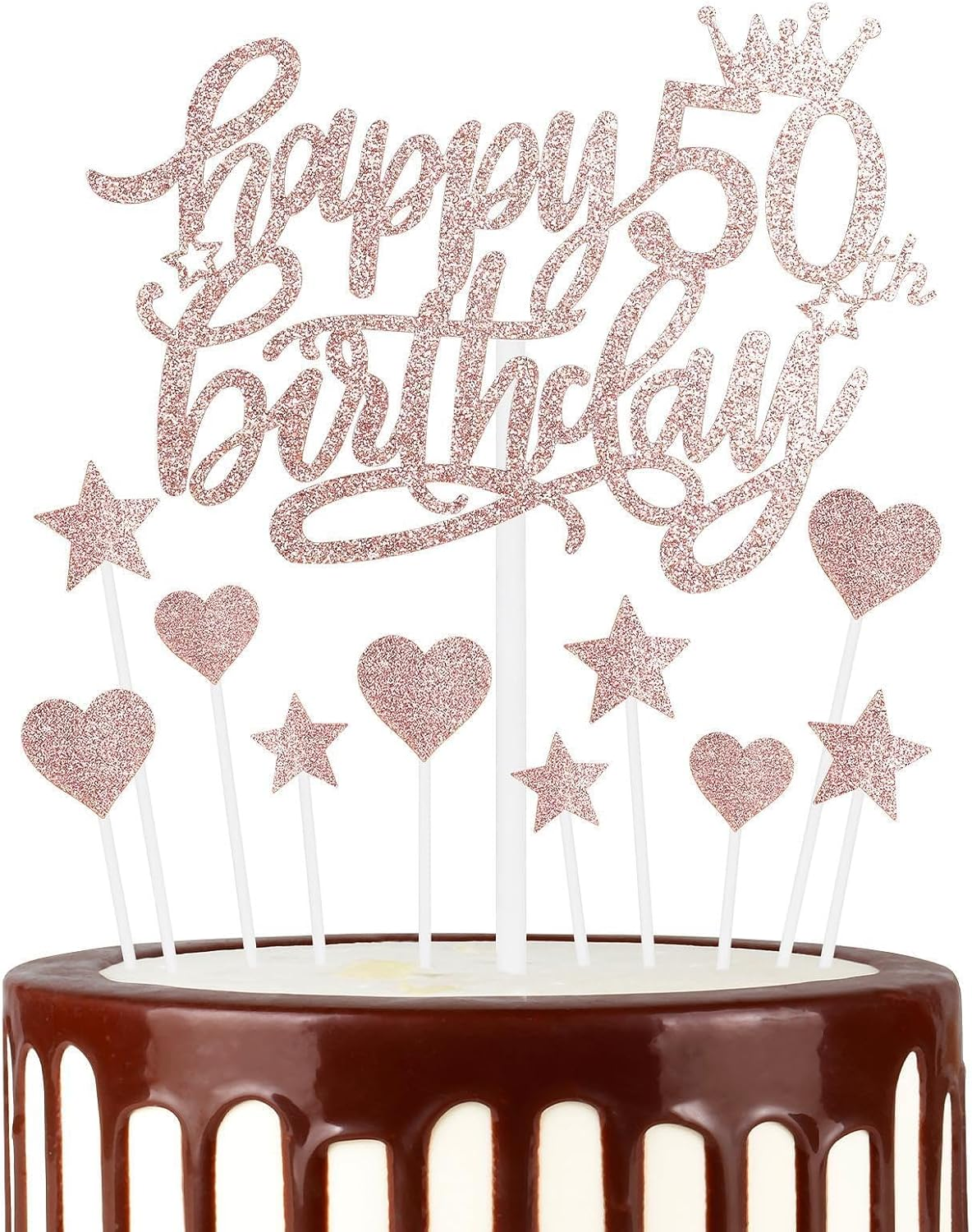 Birthday Decorations - Happy 50Th Birthday Cake Toppers Set (Rose Gold Glitter Heart & Stars) Birthday Gifts for Women Cake Decor for Women&rsquo;S 50Th Birthday Party image number 3