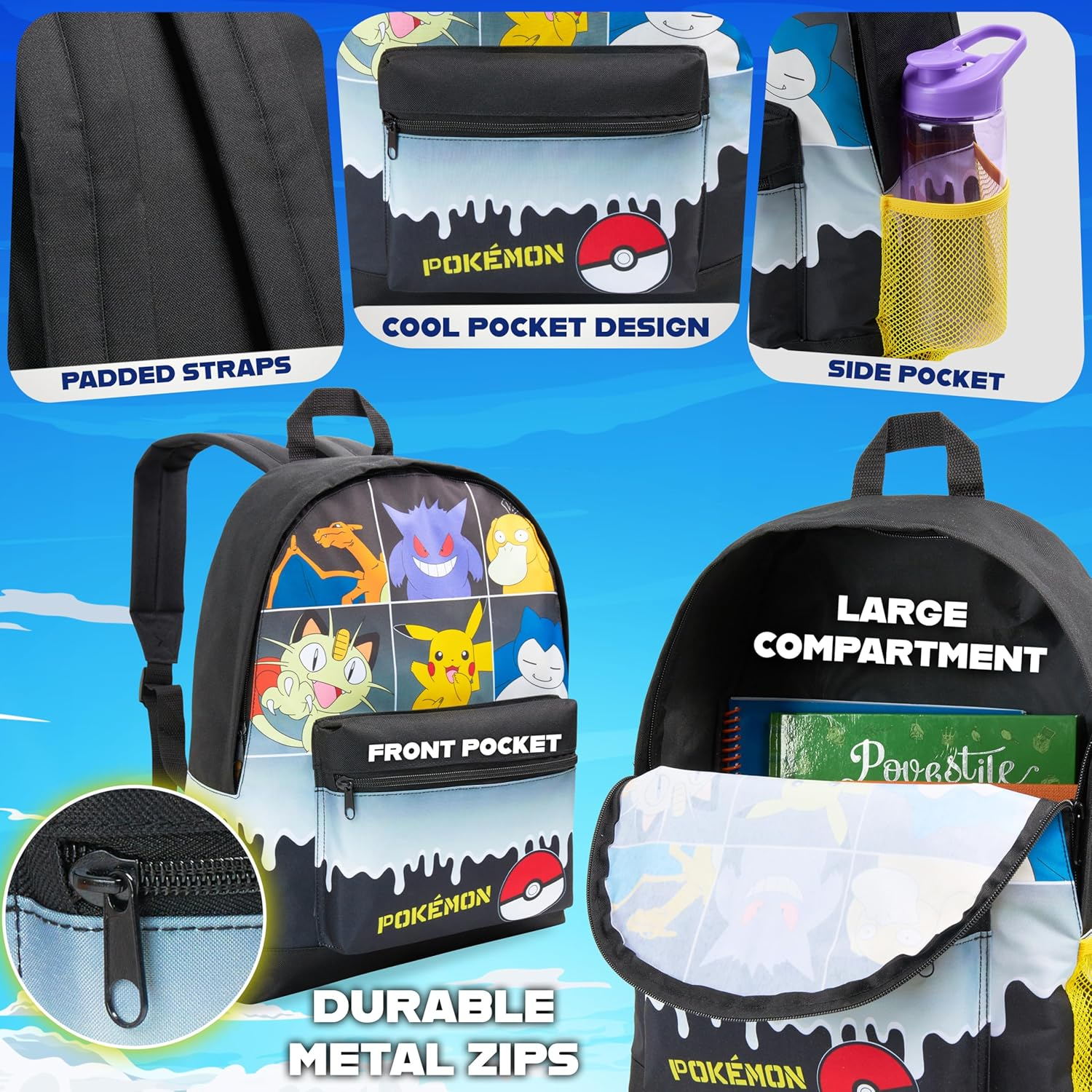 Pokemon Backpack for Kids Teenagers Pikachu Rucksack School Bag with Zipped Pockets Adjustable Straps Charizard Daypack for Travel Sports Anime Gifts image number 3