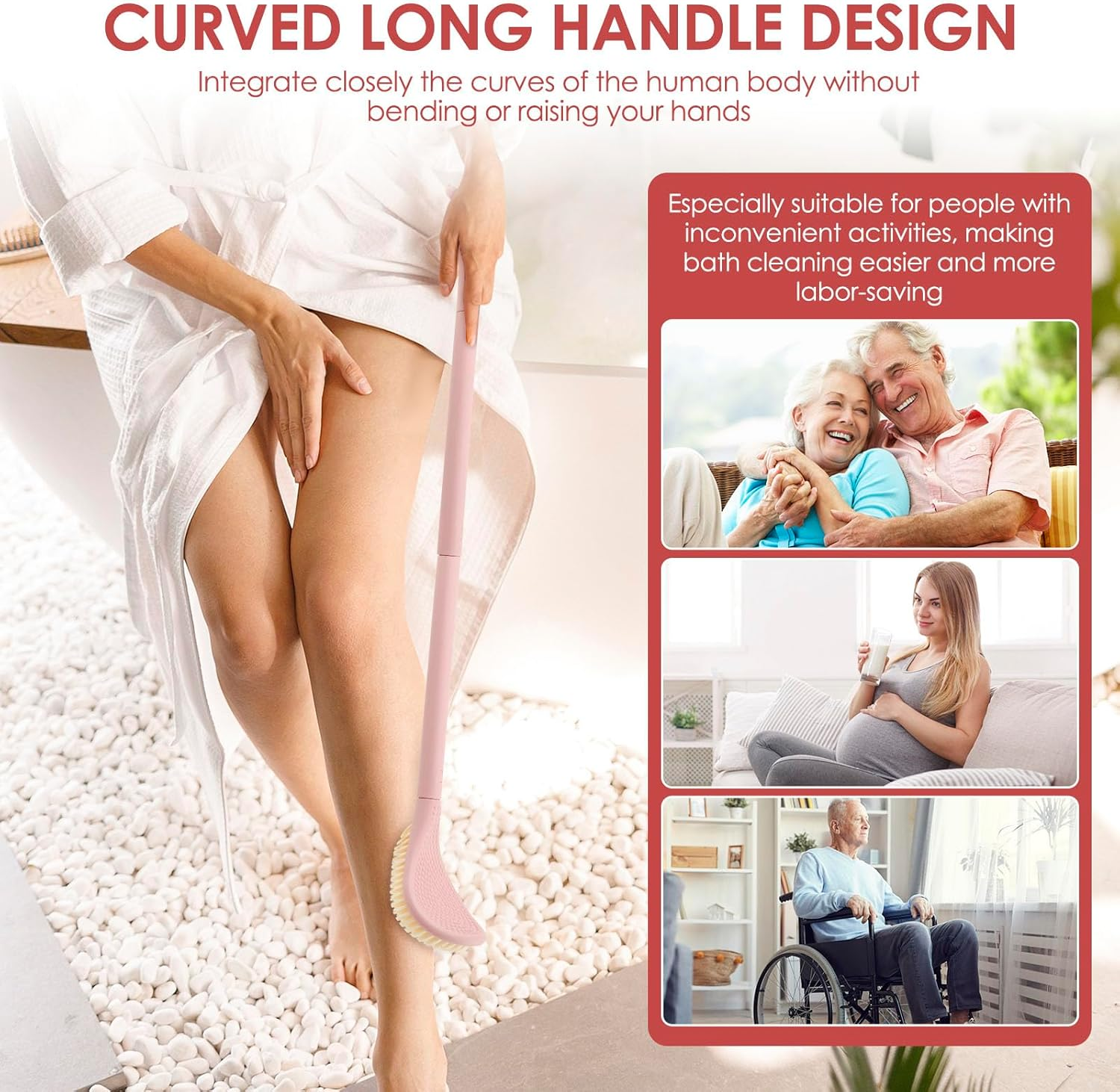 Awobepl Foot Brush with Adjustable Long Handle Enduring Foot Scrubber Easy to Clean Leg Scrub Brush for Senior Pregnant Disabled (Pink) - Pink image number 6