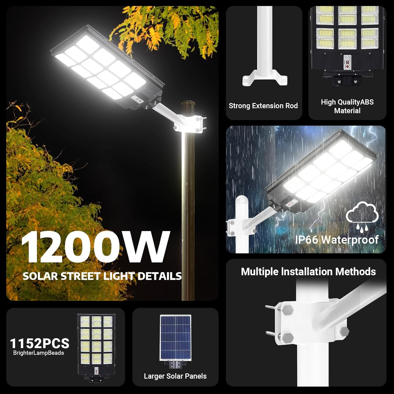 Xmart Solar Street Lights Outdoor Waterproof 150000LM 1152 Leds Solar Parking Lot Lights Dusk to Dawn Solar Motion Flood Light Wide Angle Sensor and Remote Control for Area Pole Lighting Yard image number 3