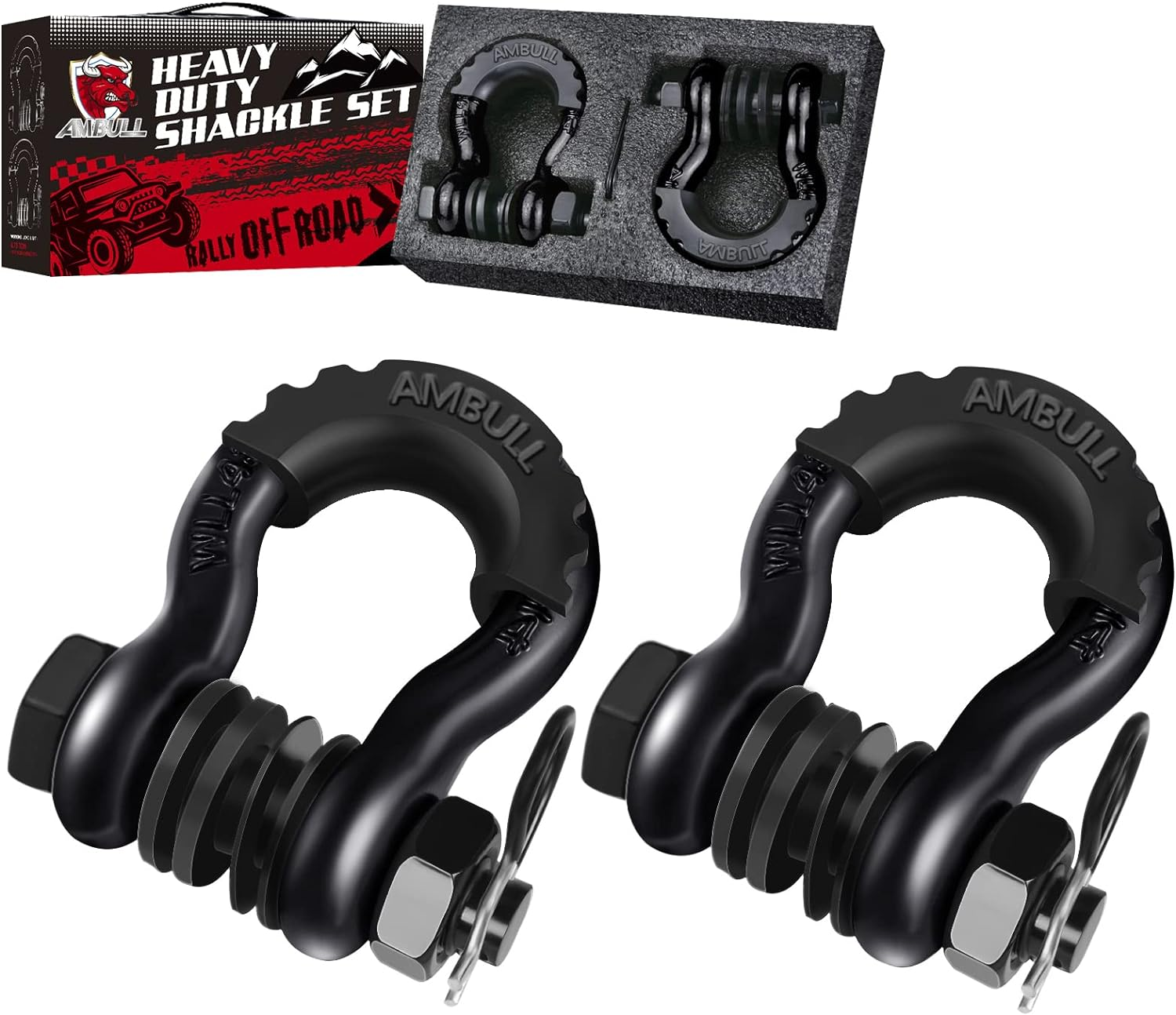 AMBULL Shackles 3/4 Inch D Ring Shackle (2 Pack) 41,850Lb Break Strength with 7/8 Inch Pin, Isolator and Washer Kits for Use with Tow Strap, Winch, Off-Road Jeep Truck Vehicle Recovery, Red
