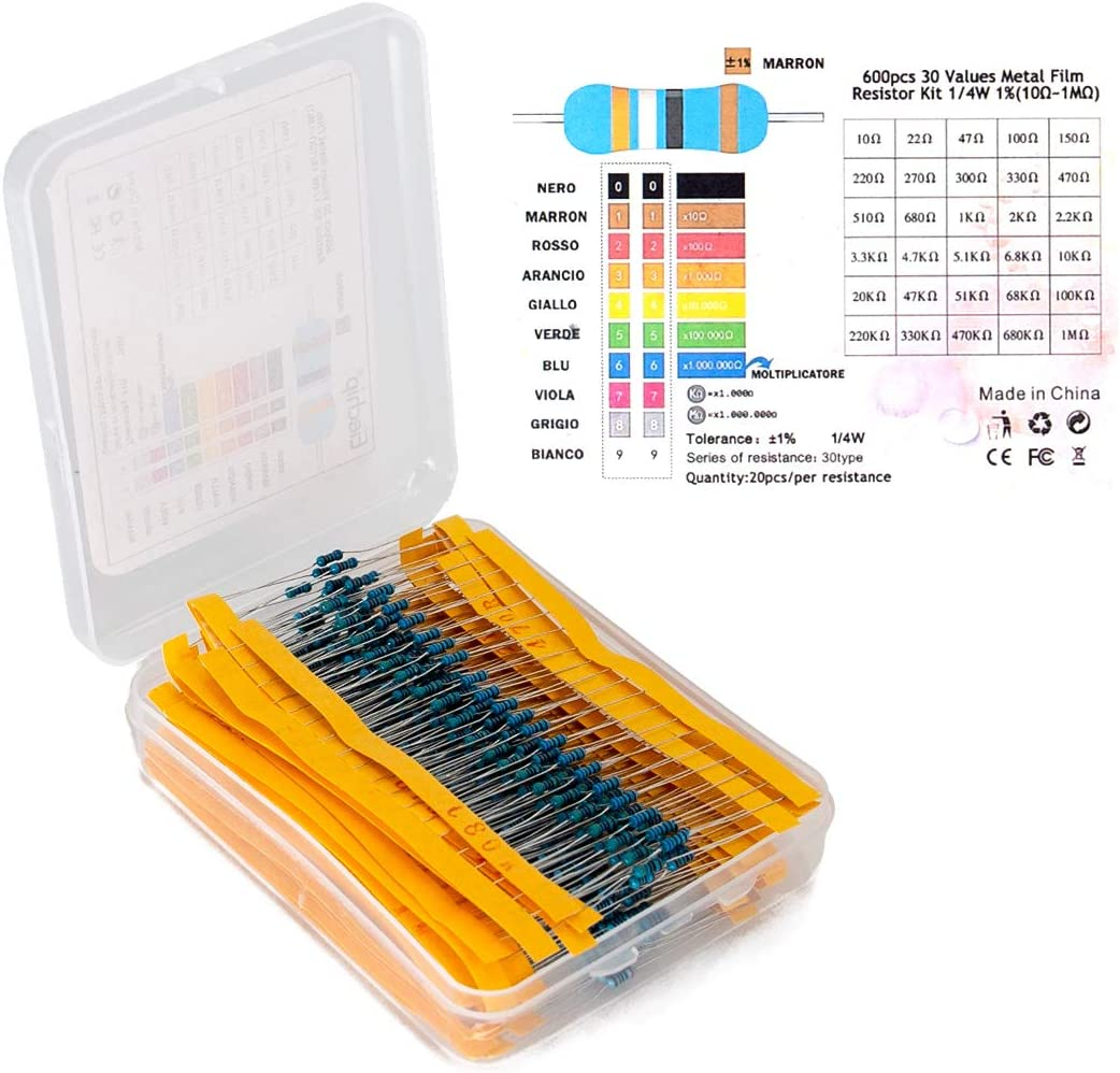 UTSAUTO 600Pcs 30 Values Metal Film Resistor Kit 1/4W 1%(100&Omega;-1M&Omega;)