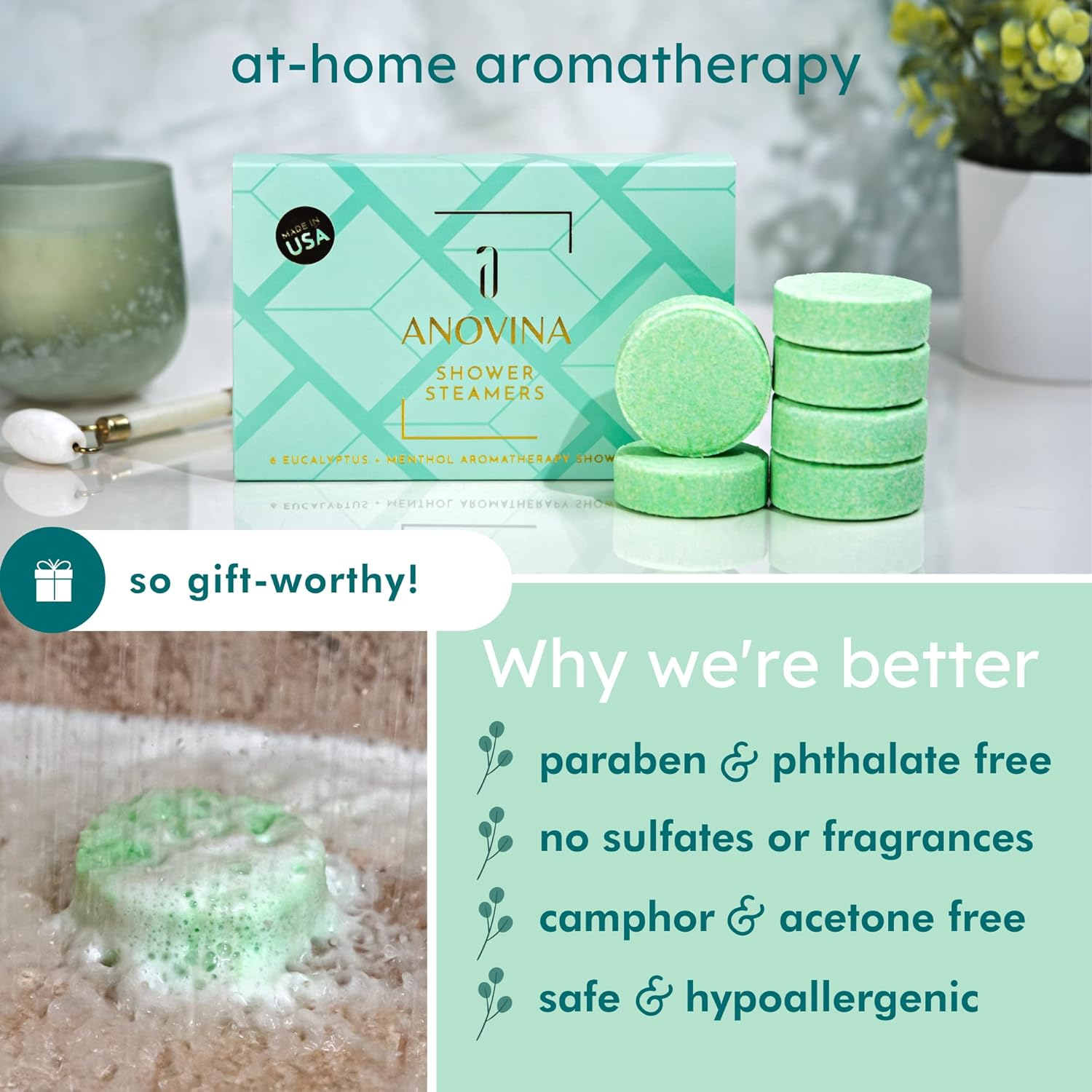 Anovina 6XL Eucalyptus Shower Steamers with Menthol &ndash; Aromatherapy Gift Box Made in USA with All Natural Ingredients. Self-Care Shower Bombs & Valentine'S Gift for Women & Men! image number 5
