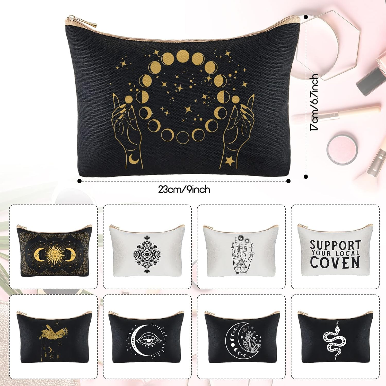 9 Pieces Moon Witch Zipper Pouch Bag Tarot Cards Phase Bag Witch Purse Gothic Aesthetic Canvas Makeup Bags Witchy Crystals Toiletry Bags Witchcraft Snake Cosmetic Bags for Women Girls, Black image number 2