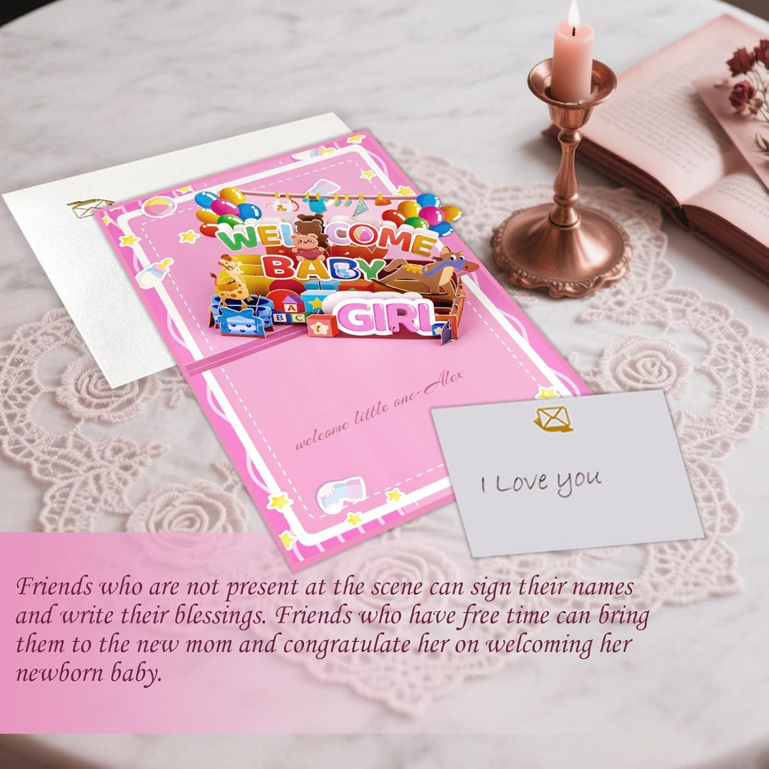 New Baby Girl Card - "Welcome Baby Girl" 3D Pop-Up Shower Card with Gifts & Animals, Pink Gender Reveal Greeting Card for Newborn - Includes Blessing Tag & Envelope (7.87"X5.91") image number 2