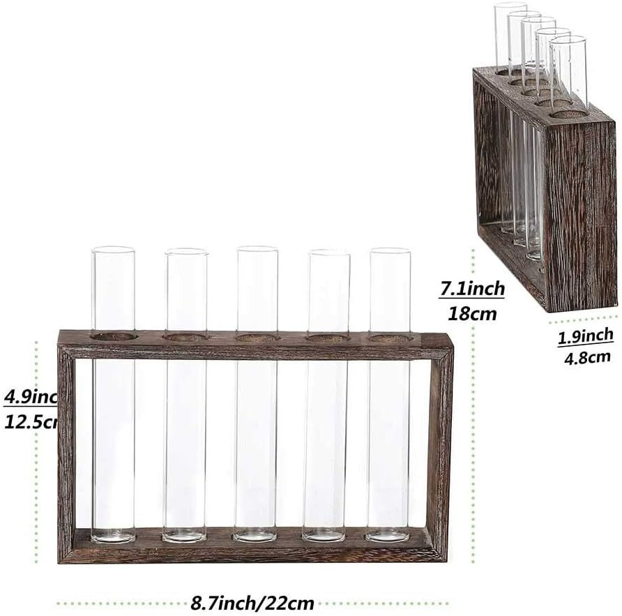 Laffeya Hydroponic Plant Stand, Wall Plant Holder, with 5 Test Tube Vase Retro Solid Wooden Stand, Air Planter Test Tube Glass Vase Holder Wall Mounted Hanging Planter, Gifts for Plant Lovers