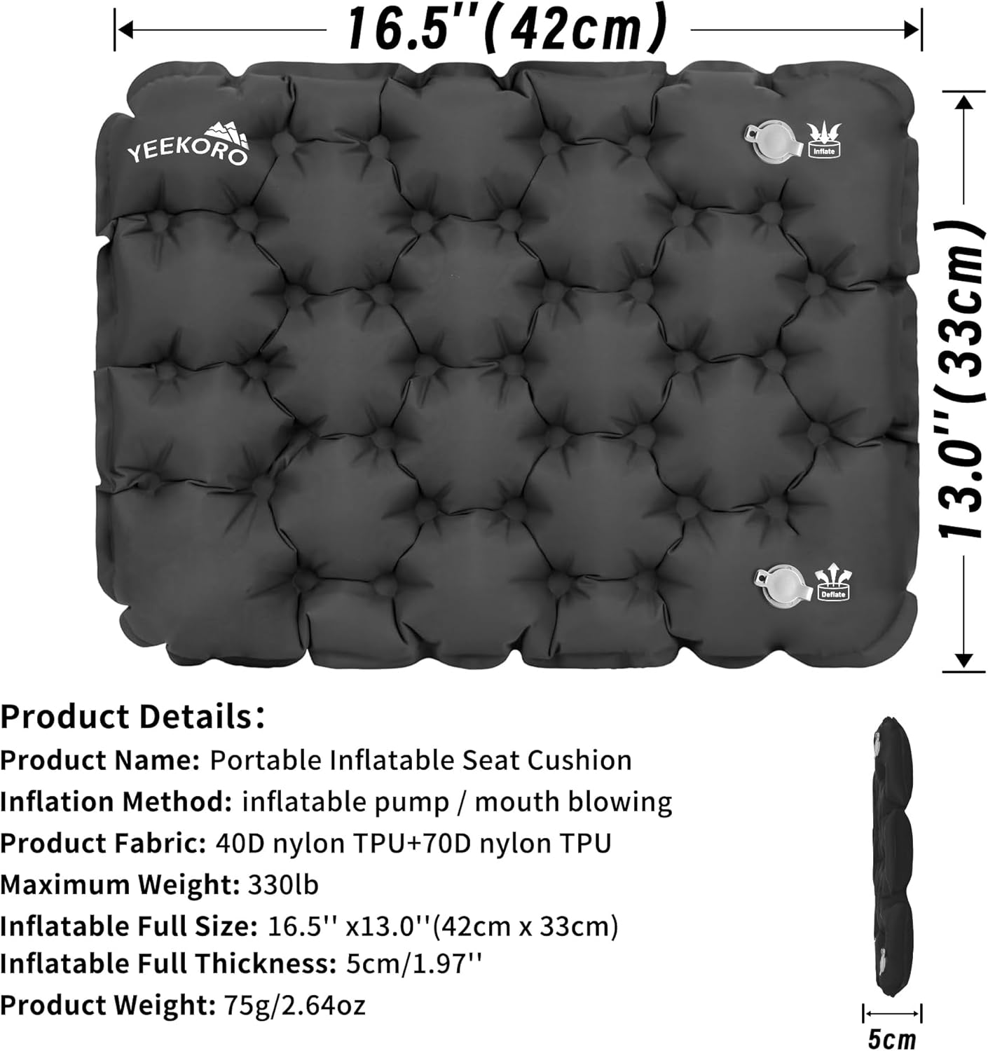 YEEKORO Inflatable Seat Cushion, Lightweight Camping Air Sitting Pad with Repair Cloths, Waterproof Stadium Seat Pad, Portable Seat Cushion for Climbing Hiking Office Airplane Car Stadium Seat - Black(2 Pack) image number 4
