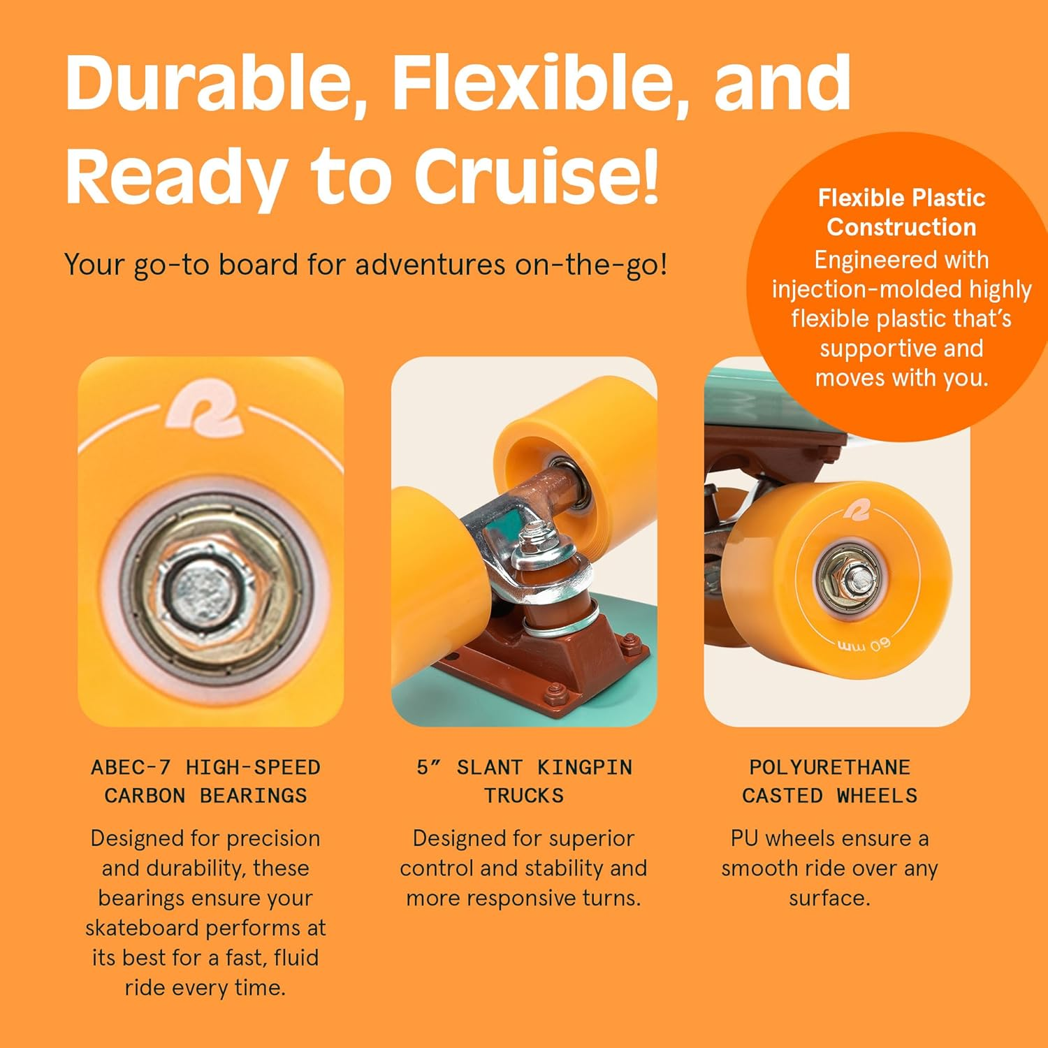 Retrospec Quip Mini Cruiser Skateboard 22.5" and 27" Classic Retro Plastic Cruiser Complete Skateboard with ABEC 7 Bearings and PU Wheels Compact Board with Grippy, Molded Waffle Deck image number 5