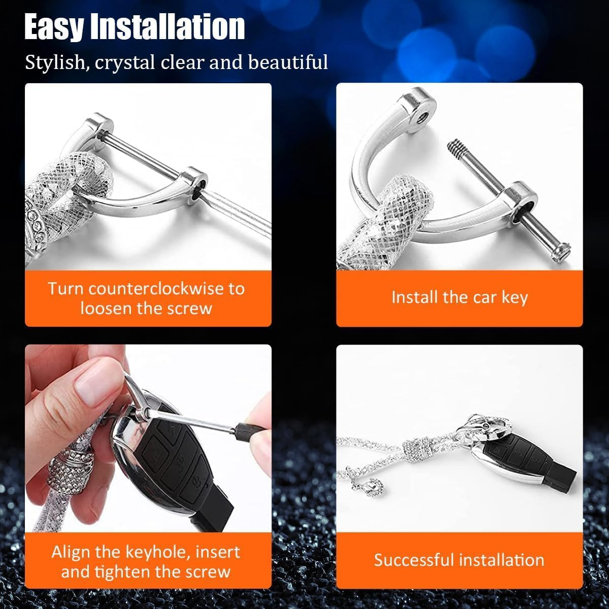 Bling Car Keychain, Glitter Crystal Keychain Ring Strap with D-Ring, Vehicle Key Decor Accessories for Women and Girls (Purple)