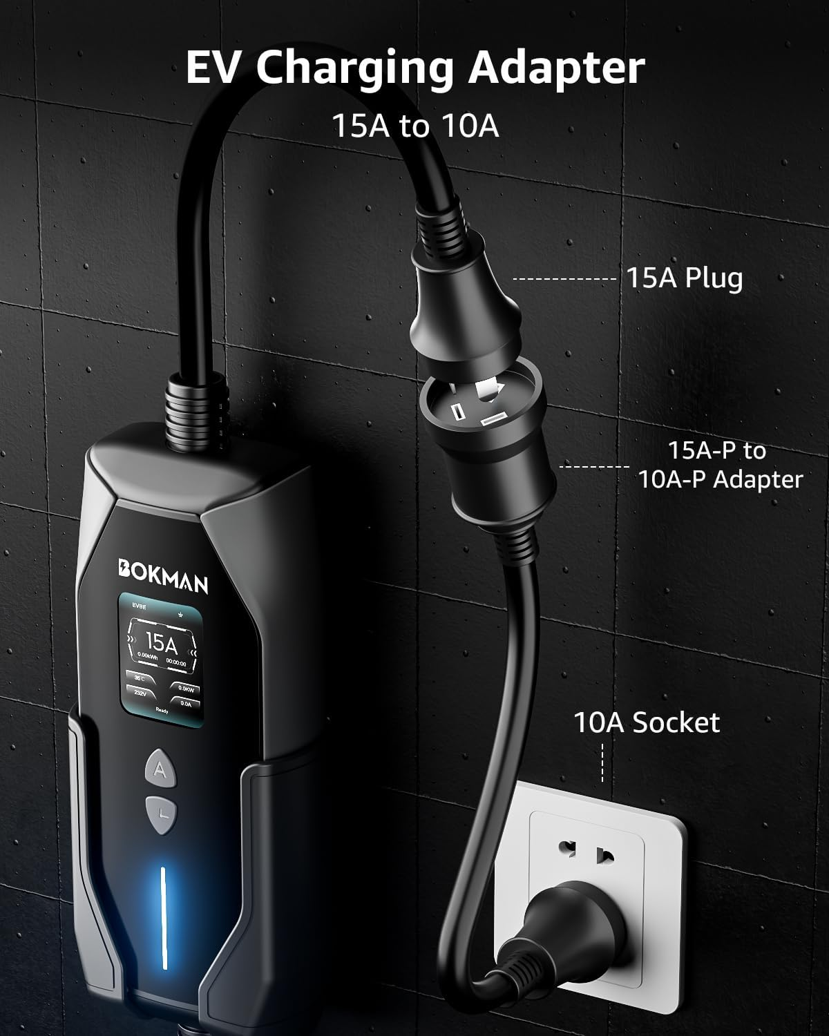 Bokman Type 2 EV Charger, (15A+10A Adapter/3.5Kw/5M) Portable Home Charger with Australian 15A Plug Compatible with Tesla Model3/Y/Atto 3/Mg4/Polestar2/Ev6/Ioniq5 image number 5