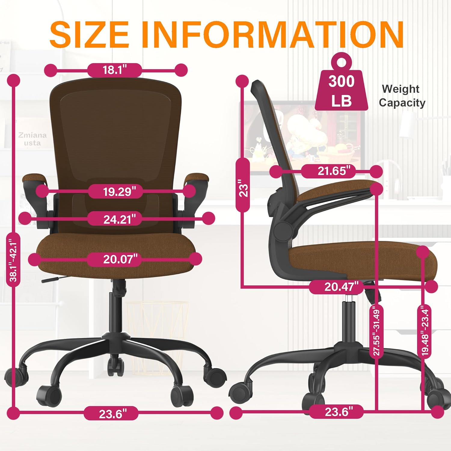 Office Chair, Ergonomic Desk Chair with Adjustable Lumbar Support, High Back Mesh Computer Chair with Flip-Up Armrests-Bifma Passed Task Chairs (Modern, Caramel) - Carmine Roses image number 7