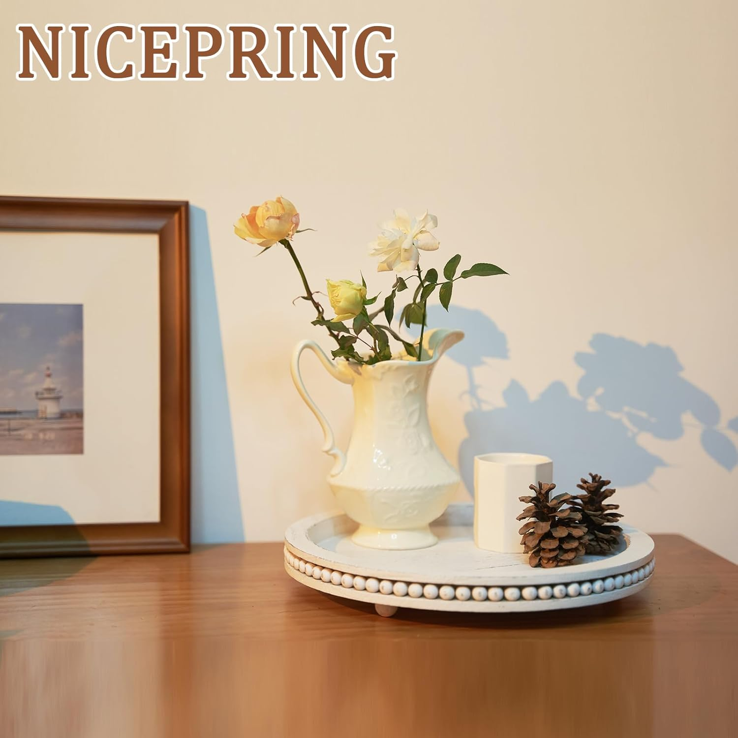 Tray Decor 12" Beaded round Decorative Trays - Rustic Farmhouse Home Decor for Coffee Table Centerpiece, Living Room, Kitchen, Bedroom - White Wood image number 1