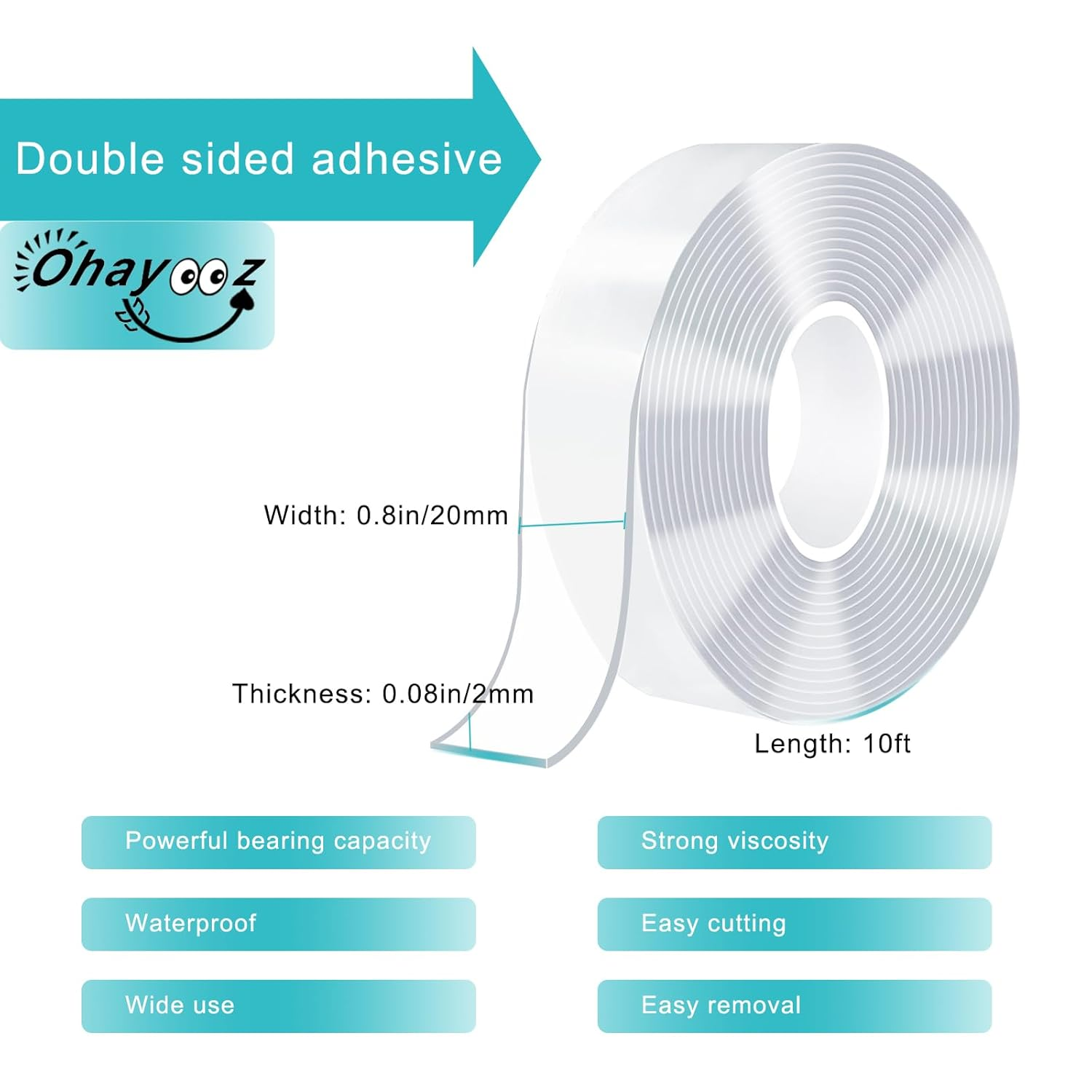 Ohayooz&reg; Extra Strong Double Sided Tape Heavy Duty Removable 10FT, Clear Sticky Adhesive Nano Tape Tough Washable Waterproof Mounting Tape for Hanging Picture, Poster, Carpet, Photo Deco image number 4