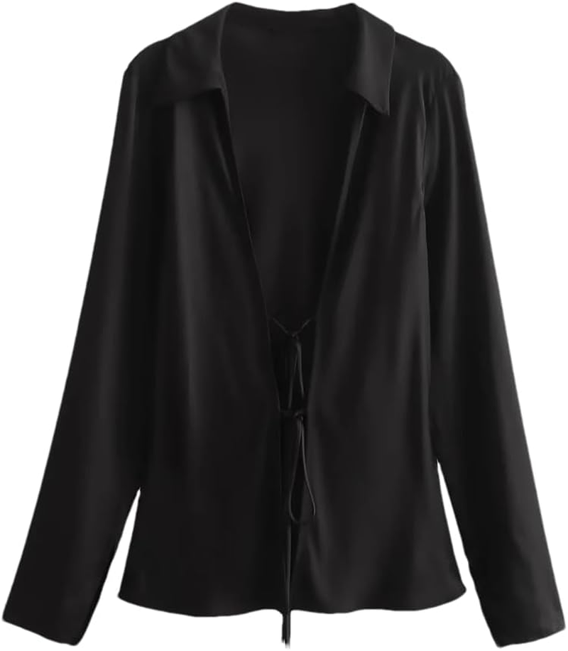 Women'S Satin Lapel Blouses Long Sleeve Bow Lace-Up Shirt Casual Slim V-Neck Tops Streetwear