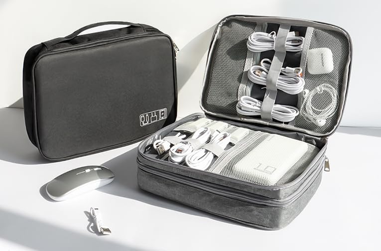 3 Layer Cable Organizer Bag, Universal Travel Electronics Accessories Storage Pouch for Cables, Headphones, Hard Drives, Adapters, Power Banks & More - Durable Travel Gear Carrying Case (Grey) image number 3