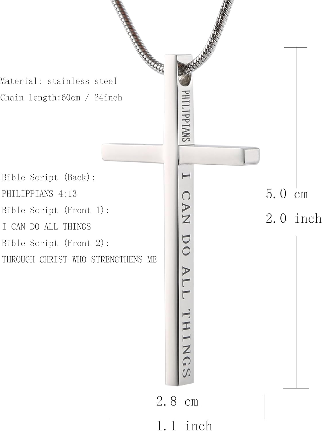 HZMAN Philippians 4:13 Cross Pendant STRENGTH Bible Verse Stainless Steel Necklace - Black image number 5