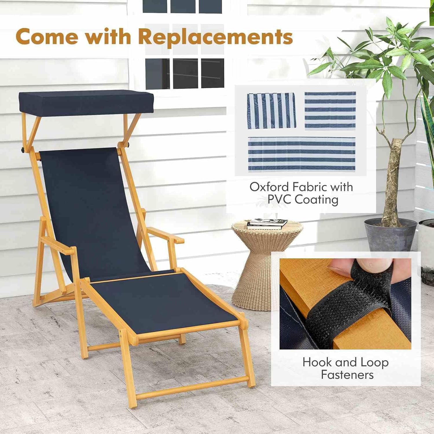 Costway Outdoor Birch Wood Chaise Lounge Chair, Foldable Beach Lounge Chair with Adjustable Canopy, Reclining Backrest and Footrest with Replacements for Patio Poolside (Navy + Natural)