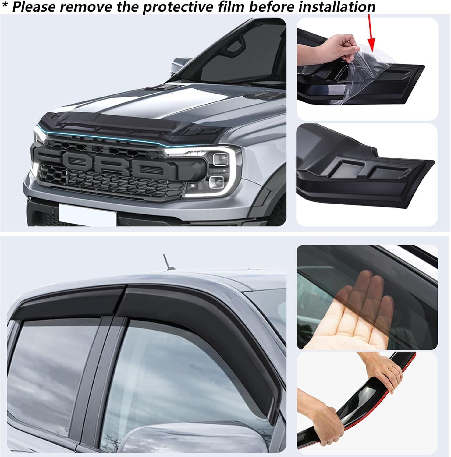 SUERAUTO4X4 for Ford Ranger Raptor Accessories Next Gen 2022 2023 2024 2025 Weather Shields Wind Deflectors Window Visor and Bonnet Protector Hood Guard Trim Car Exterior image number 3