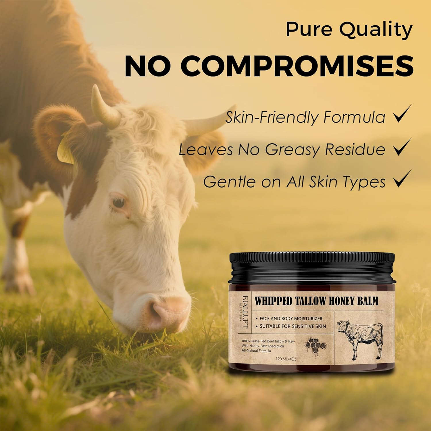 Beef Tallow and Honey Blam Moisturiser: Whipped Grass Fed Beef Tallow Balm with Raw Honey and Olive Oil for Skin and Face &ndash; Natural Cow Fat Facial Cream for Anti-Aging Unscented image number 2