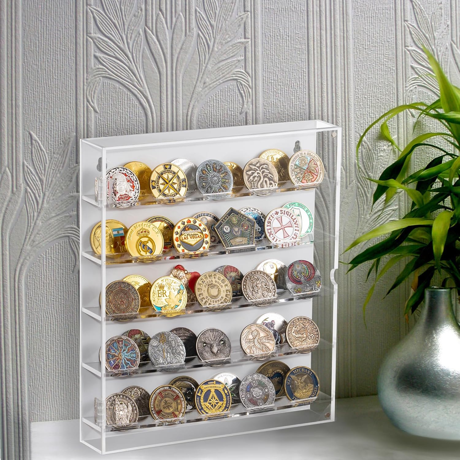 Coin Holder, Challenge Coin Display Box with Removable Shelves and Magnetic Door, Acrylic Challenge Coin Holder, Clear Coin Case Coin Box Fits 45 Military Medals Poker Chip Pins Badges (White)