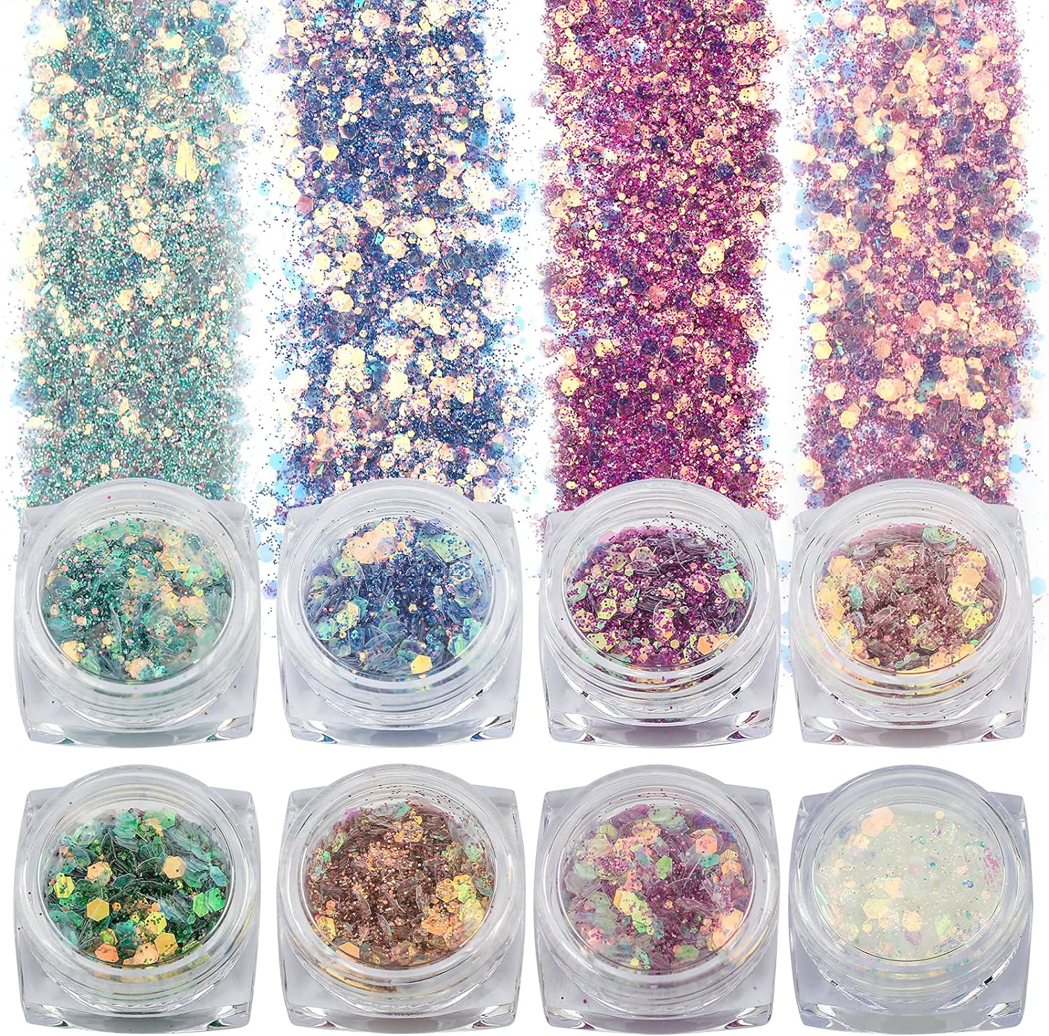 SAVITA 8 Colors Iridescent Glitter Flakes, 3D Holographic Mermaid Nail Sequins, Bling Chunky Glitter Irregular Paint for Art Craft Festival Cosmetic Body Decoration