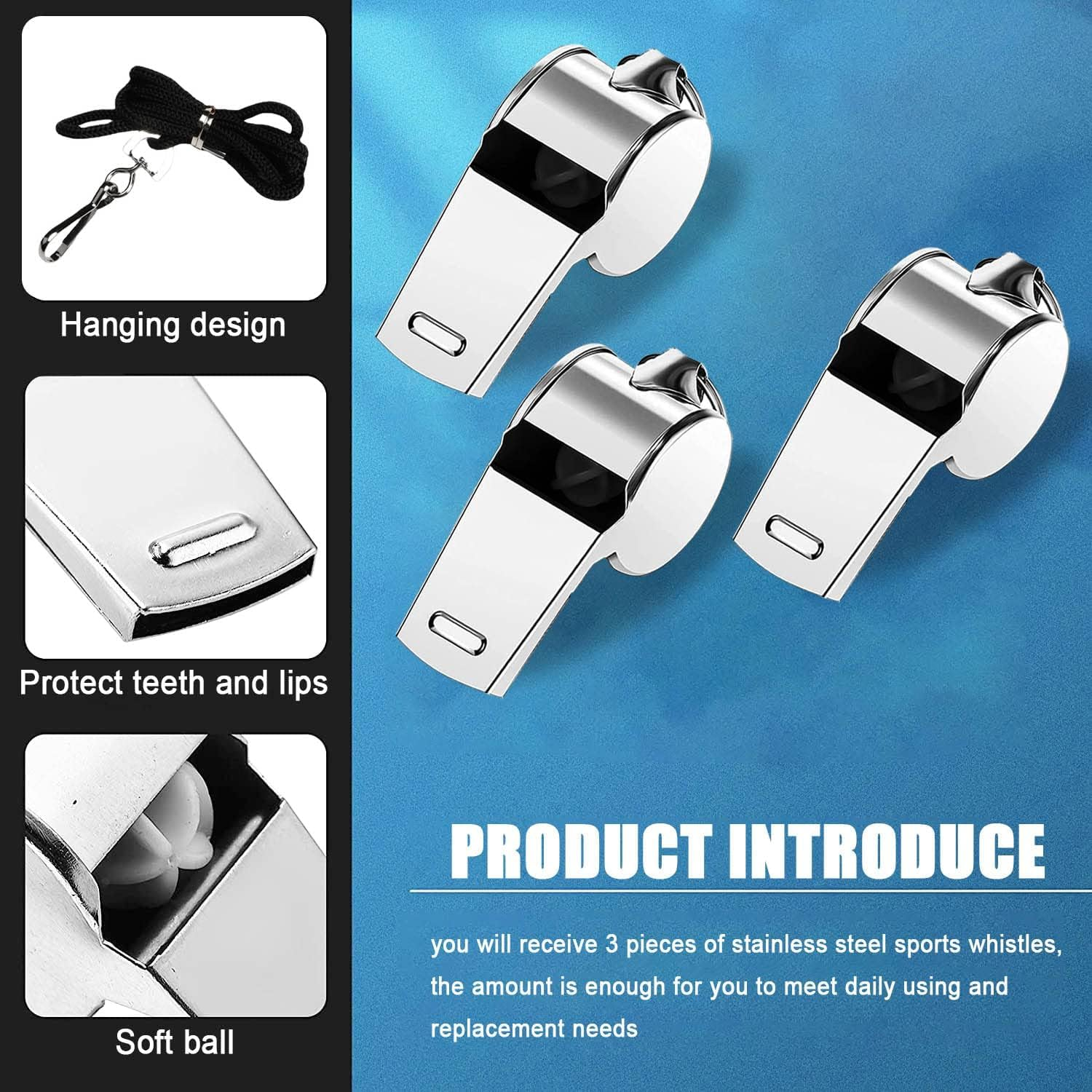 3 Pcs Whistle,Stainless Steel Sports Whistle with Lanyard for Coaches Referees Emergency Outdoor Sports image number 2