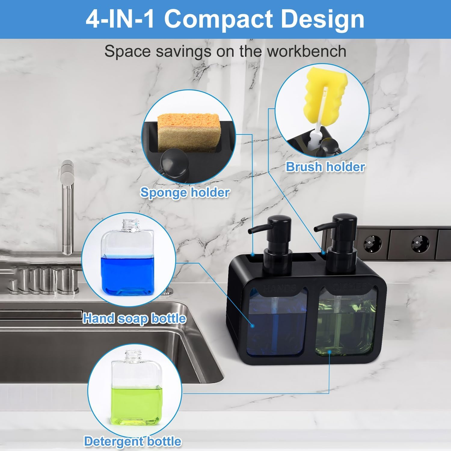 Kitchen Soap Dispenser with Silicone Funnel, Hand and Dish Soap Dispenser and Sponge Caddy and Brush Holder, 4 in 1 Countertop Organizer for Kitchen Sink(Black) image number 6