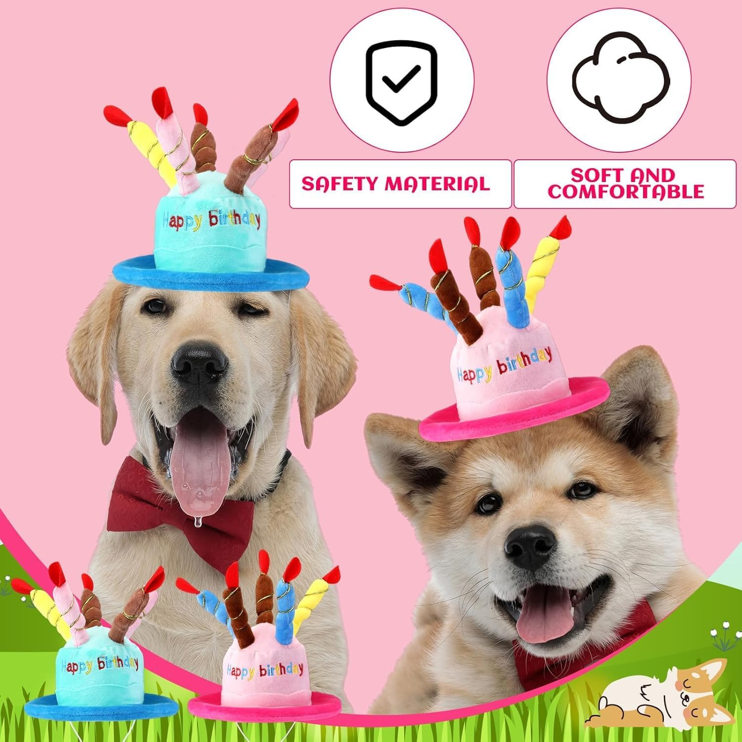 2 Pack Cute Dog Cat Birthday Cake Hat with Colorful Candles Adjustable Strap for Pet Birthday Party Supplies Decorations One Size Fits Most（Pink and Blue）