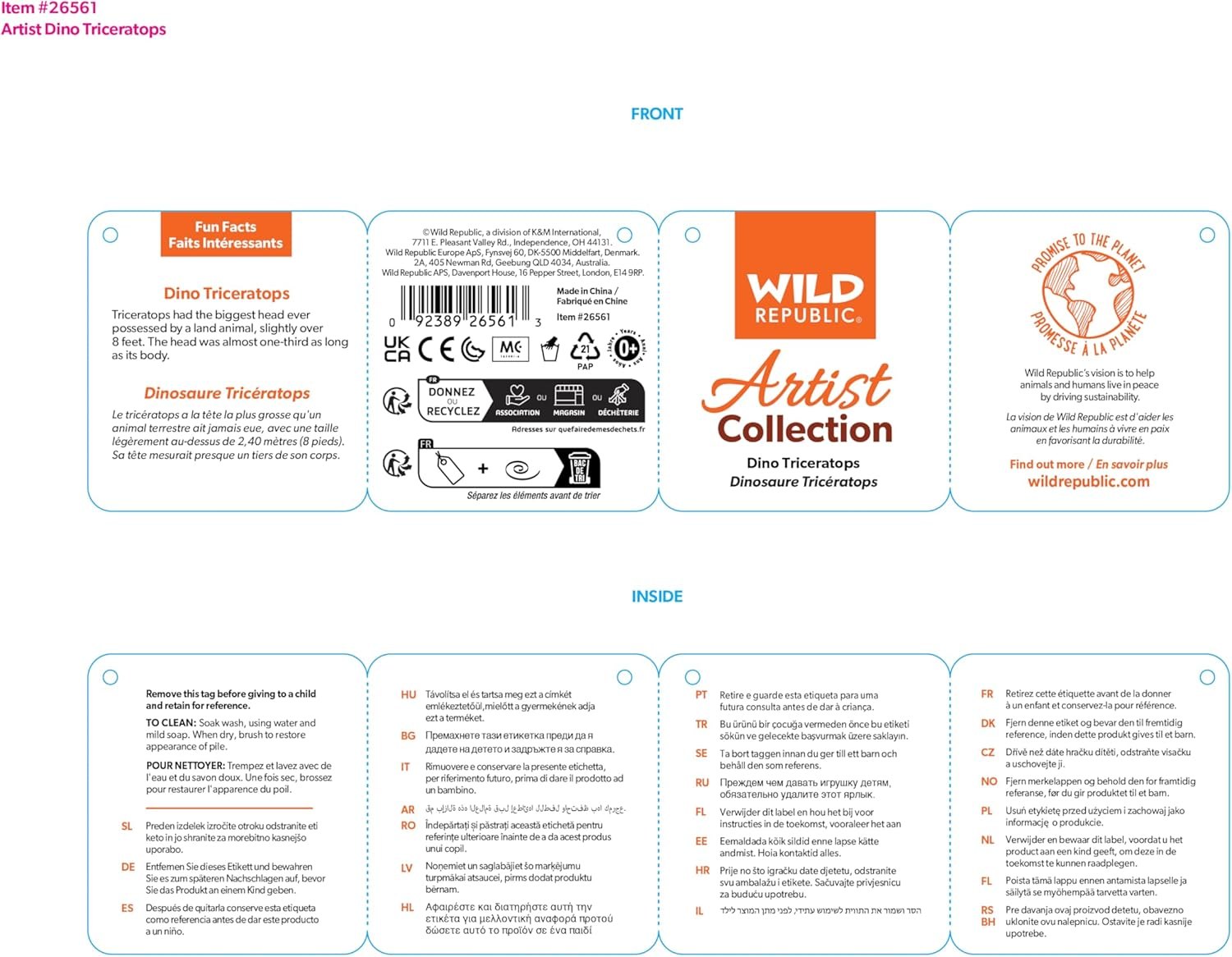 Wild Republic Artist Collection, Dinosaur Triceratops, Kids, 15 Inches, Plush Toy, Fill Is Spun Recycled Water Bottles