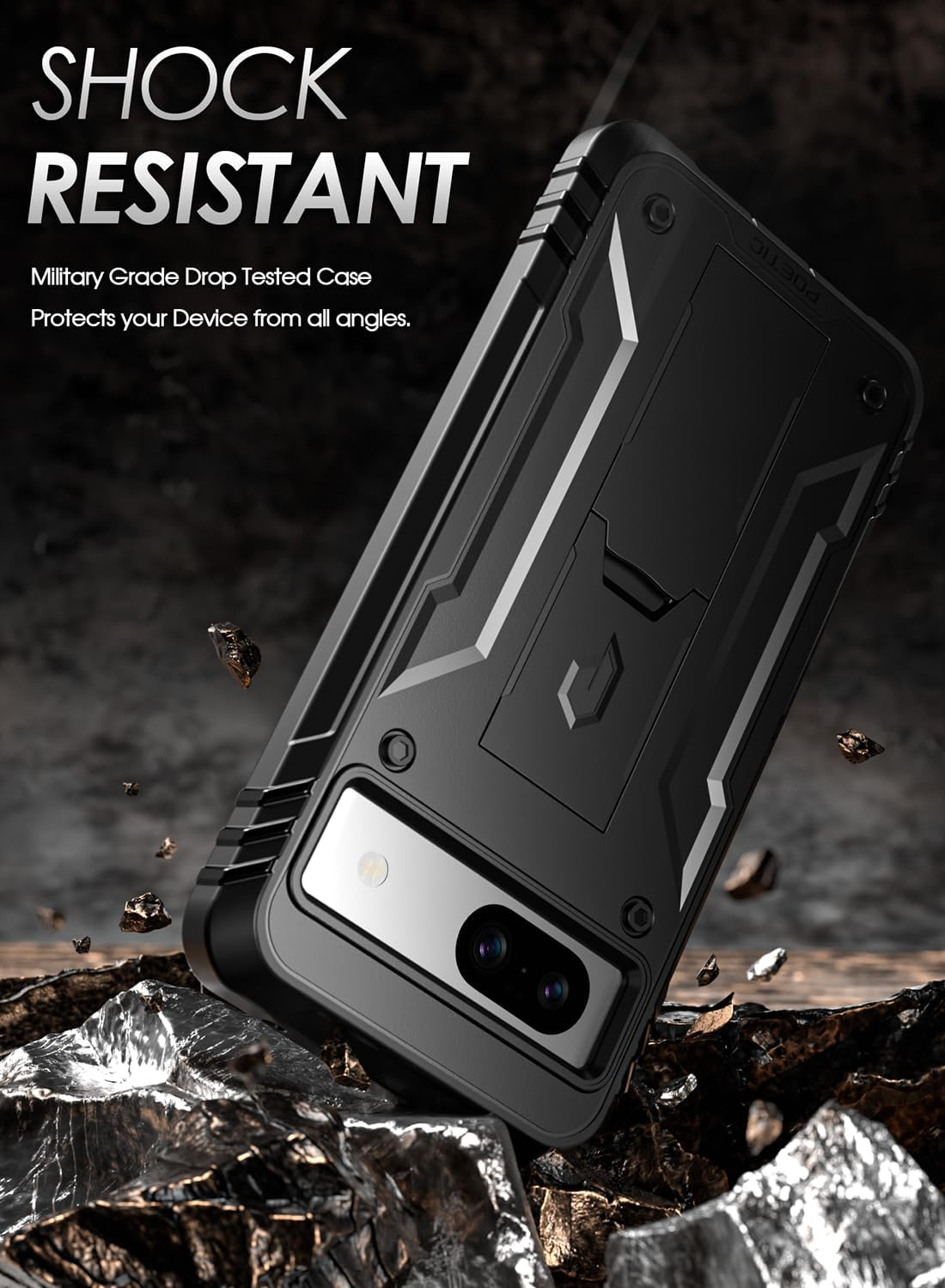 Poetic Revolution Case for Google Pixel 8A 5G, [20FT Mil-Grade Drop Tested],Full Body Rugged Shockproof Protective Cover Case with Kickstand, Built-In Screen Protector Work with Fingerprint ID, Black - Light Blue image number 4