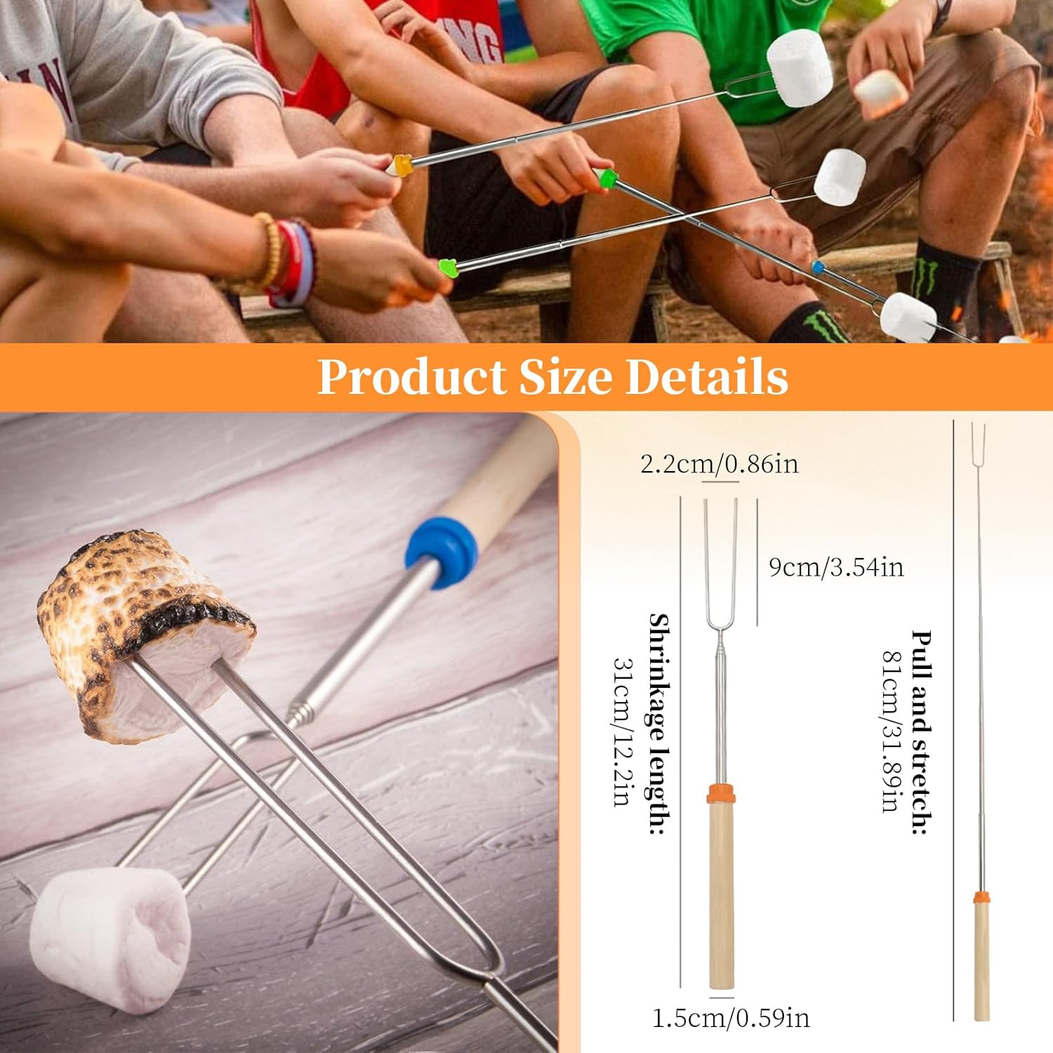 Telescoping Marshmallow Roasting Sticks, Extra-Long Scalable Smores Skewers for Campfire, Fire Pit, BBQ & Hot Dog - Stainless Steel Extendable Forks for Outdoor Cooking, Camping Picnics (4PCS) image number 6