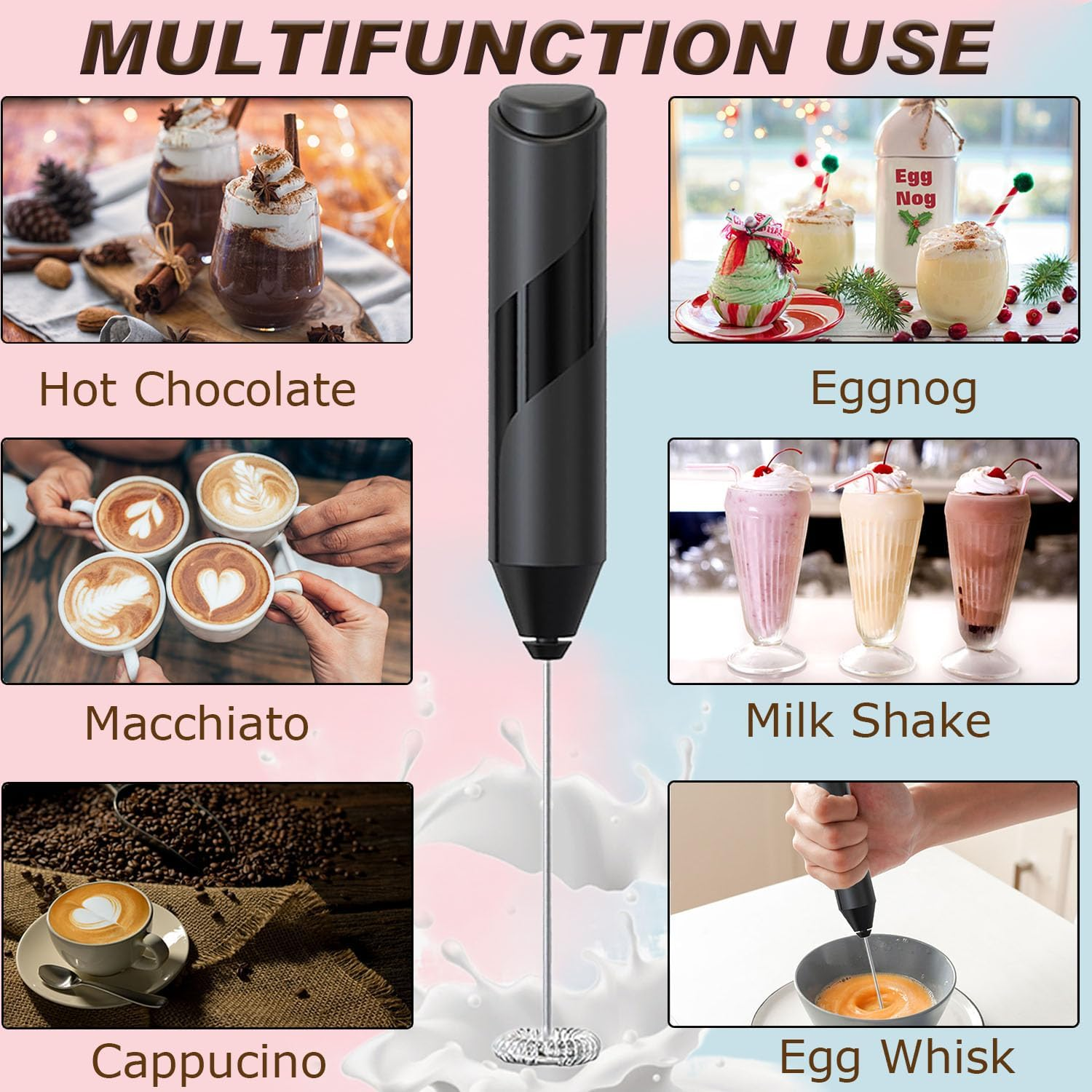 Handheld Milk Frother for Coffee & More - Electric Whisk for Lattes, Cappuccino, Matcha, Frappe & Eggs | Battery-Powered Drink Mixer | No Stand Needed (Black/Stainless Steel) image number 2