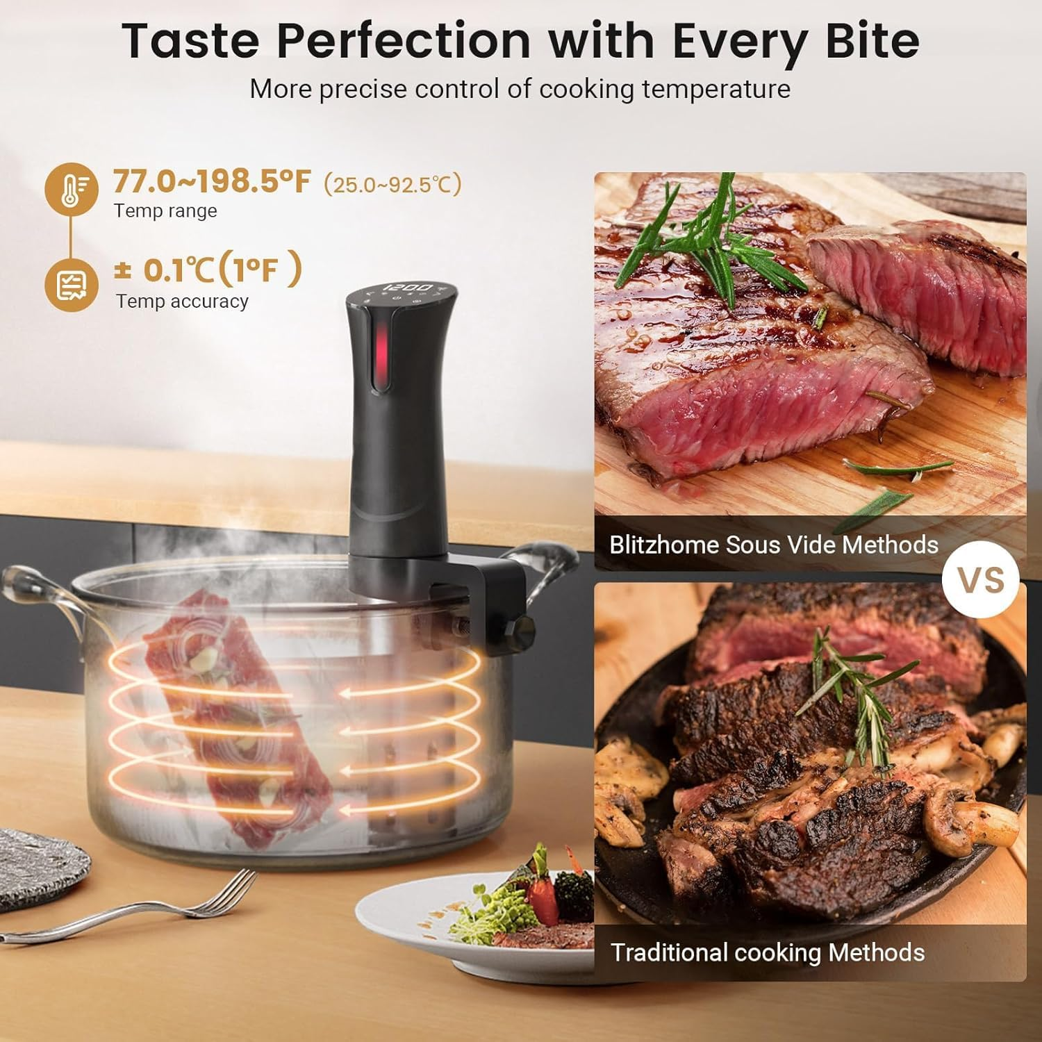 Sous Vide Machine, Wifi APP Included, 1100W Sous Vide Cooker with Accurate Temperature & Timer, Ultra Quiet Stainless Precision Immersion Circulator Device, Kitchen Gadgets with Recipes image number 6