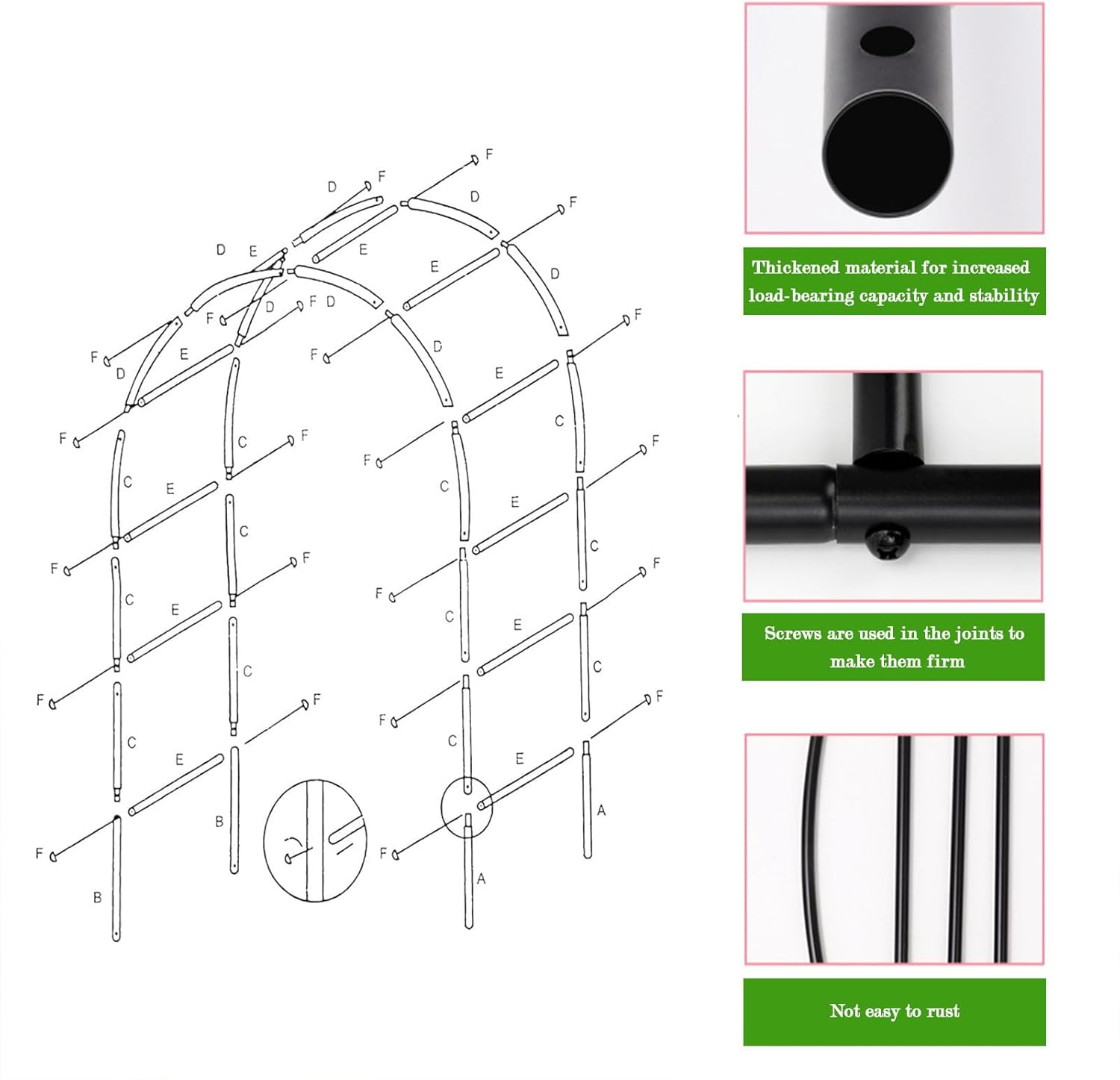 Garden Srch,Metal Arch,4.6 Feet Wide X 7.9 Feet High or 6.6 Feet Wide X 7.2 Feet High,Wedding Arch with 20 Retaining Rngs,Garden Arbor for Climbing Plant Outdoor & Indoor, Wedding Party Bridal