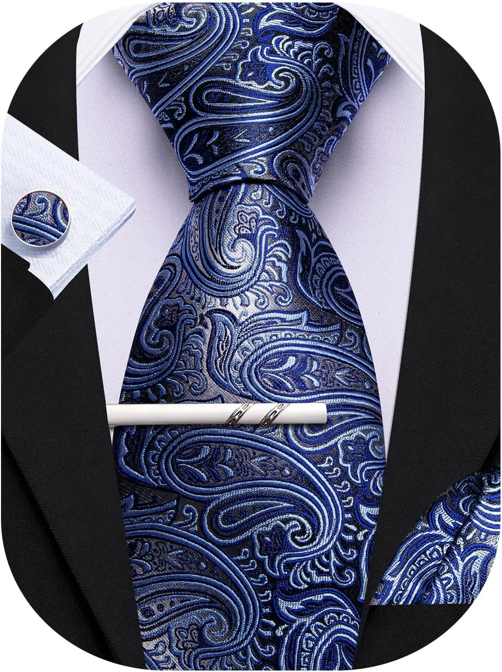 Barry.Wang Paisley Tie with Tie Clip for Men Silk Necktie Pocket Square Cufflinks Set Formal Wedding Party Business