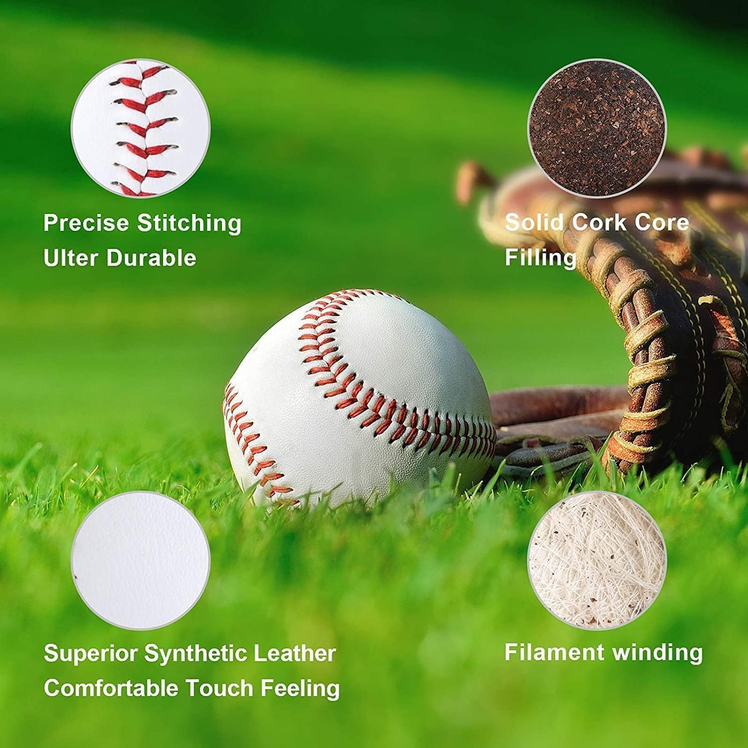 3Pack Practice Baseballs, Blank Baseball, Standard 9&rdquo; Adult Youth Leather Covered Soft/Hard Balls for Team Game Competition Pitching Catching Training image number 4
