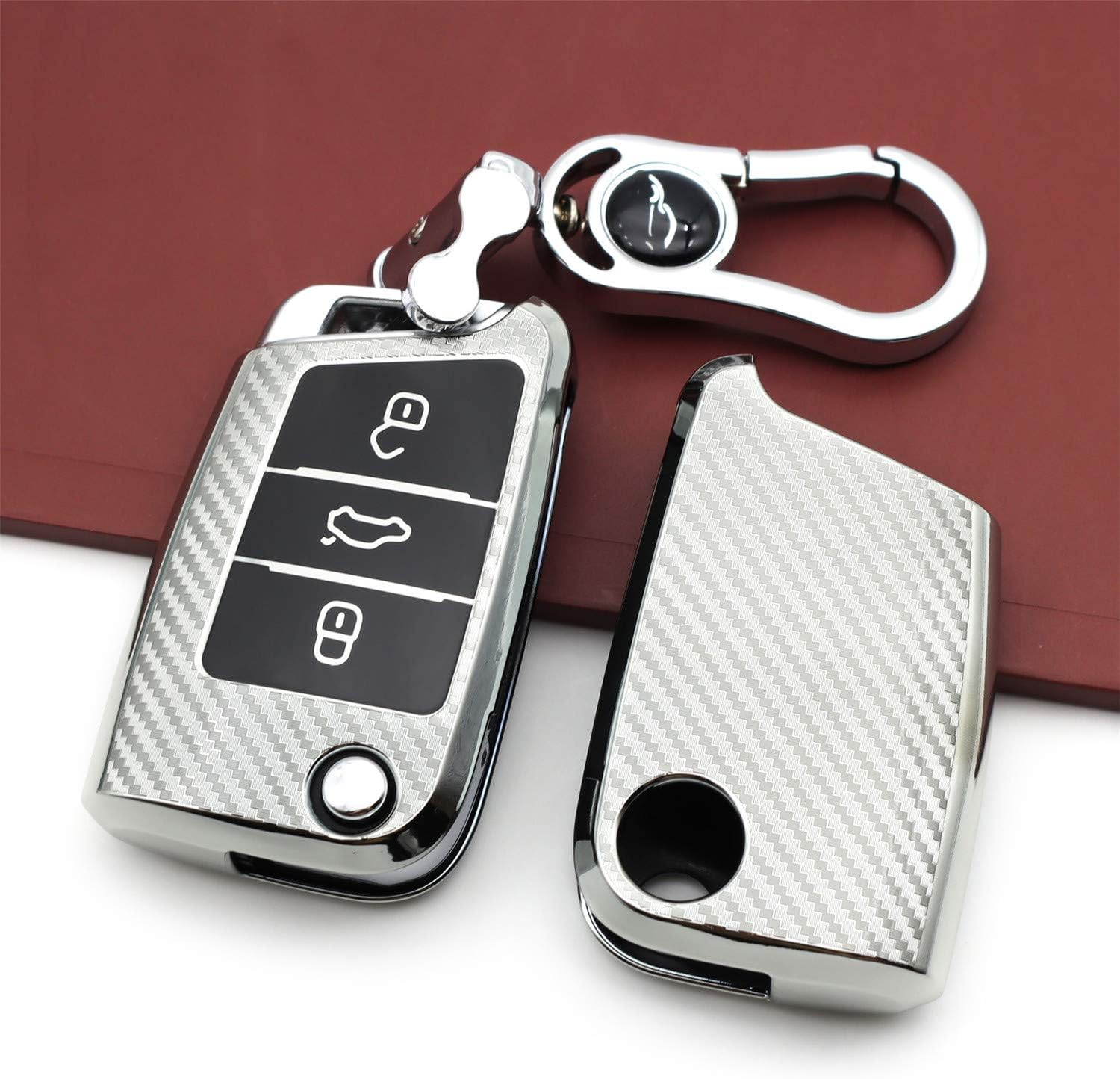M.Jvisun Soft Carbon Fiber Finish Car Key Fob Cover for Volkswagen Atlas Golf Jetta Polo for Tiguan for Skoda Kodiaq Karoq for Audi A1 for Seat Ateca Leon Flip Key TPU Case with Keychain - Silver