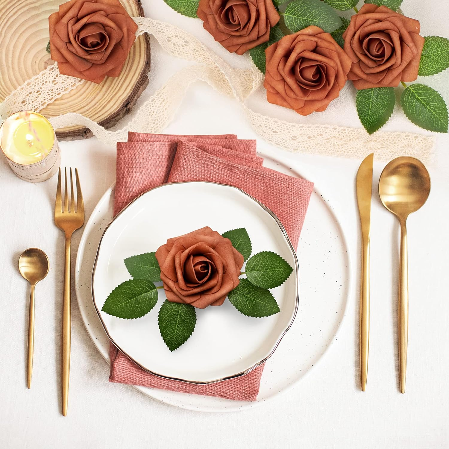 Mocoosy 50Pcs Artificial Rose Flowers, Burnt Orange Fake Roses for Decorations, Real Touch Terracotta Foam Rose Bulk with Stems Rust Floral Arrangements Wedding Valentine'S Day Party Home Table Decor image number 4