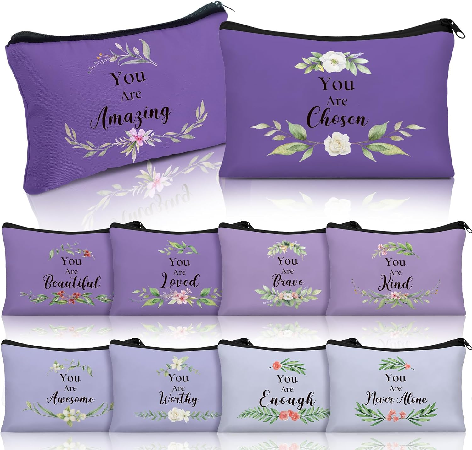 Hillban 10 Pcs Inspirational Makeup Bags for Women Bulk Cosmetic Bags Christian Bible Verse Cosmetic Pouch for Valentine'S Day Galentine'S Day Gift Religious Church Travel Pouch(Flower,Purple) - Beige image number 2