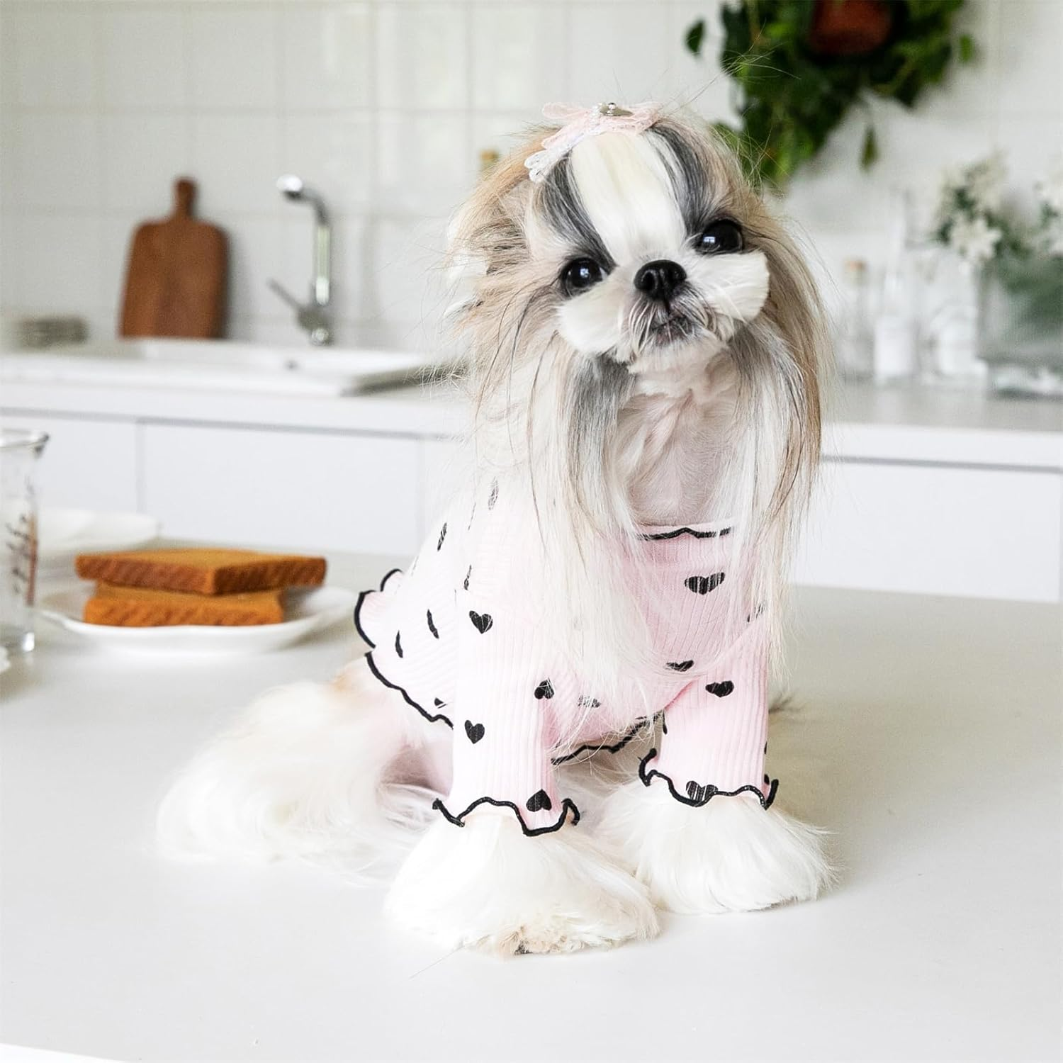 Yaopelky Pet Clothes for Small Dogs Cat Summer Fall Heart Print Shirt Stretchable Ruffle Long Sleeve Outfits for Chihuahua Schnauzer Shih Tzu Yorkie (Pink, Small) image number 2