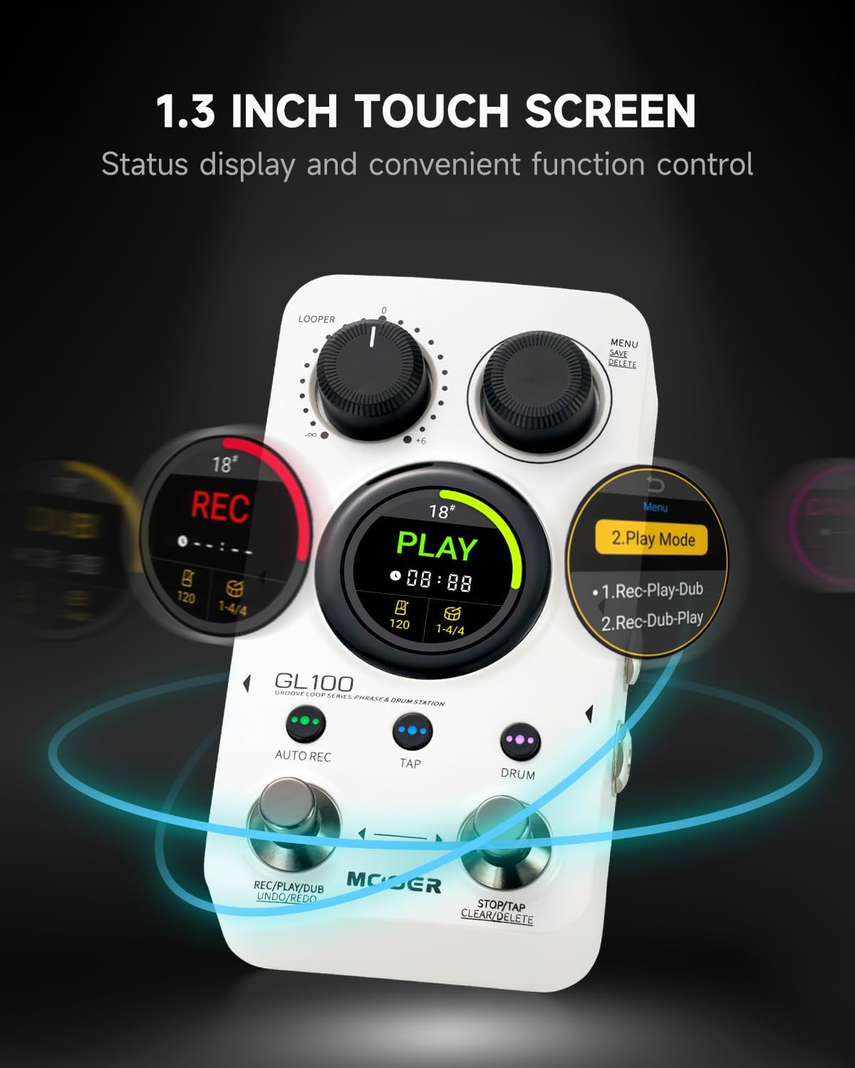 MOOER GL100 Looper Pedal Drum Machine, 2 in 1 Drum Looper Guitar Pedal 1.3-Inch Touchsreen with 300 Min in Total 100 Slots 220 Drum Grooves Auto-Record Time Stretch Function Dedicated Editor Software image number 1