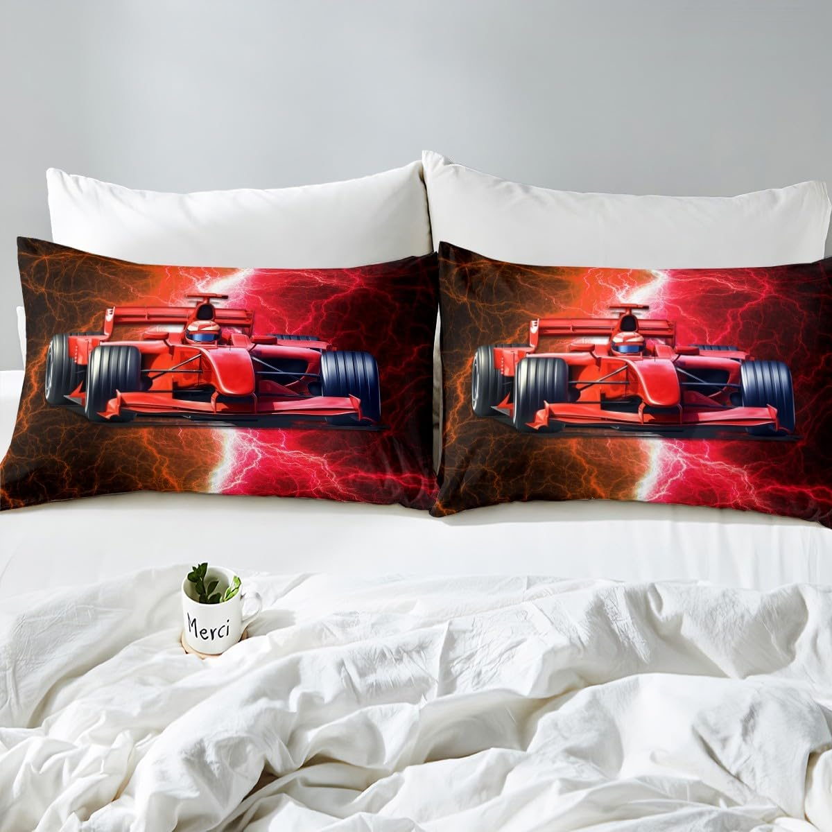 Racing Car Duvet Cover 155 X 220 Cm for Boys, Red Orange Racing Car Bedding Set for Men Women, Racecar Cars Bed Set Lightning Modern Duvet Cover with 1 Pillowcase Bedroom Decor (No Comforter) image number 2