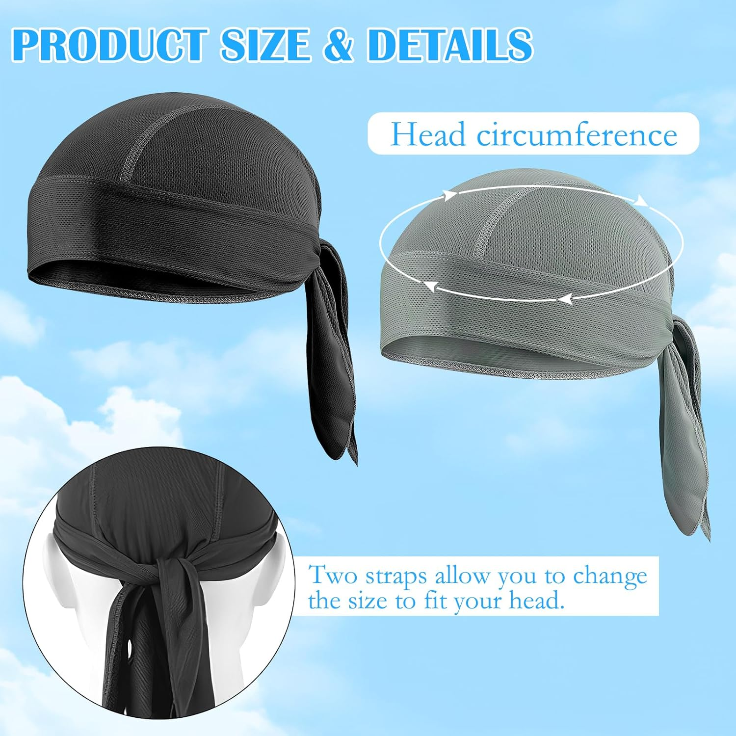 TNSLAND Pack of 2 Sports Bandana Cap, Quick-Drying, Durag Men'S Bandana, Men'S Women'S Running Hat, Men'S Headscarf, Summer Hat for Cycling, Climbing, Running, Gym, Black, Grey, Multicoloured, 48-56