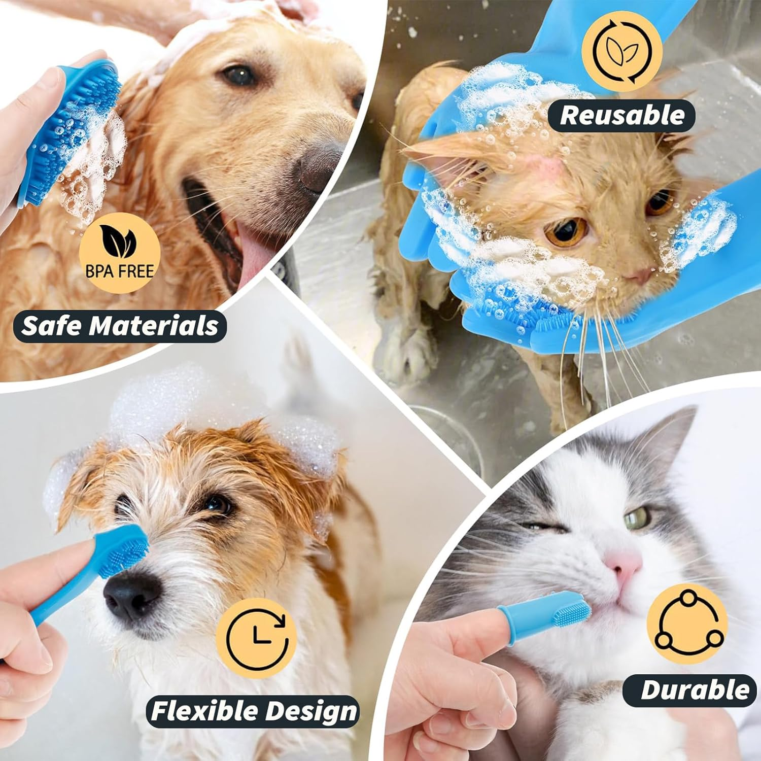 6PCS Pet Grooming Kit, Silicone Pet Bathing Set - Heat Resistant Bathing Gloves with High-Density Teeth, Bath Brush, Toothbrush Finger, Dog Shampoo Brush for Washing, Bathing & Massaging image number 3