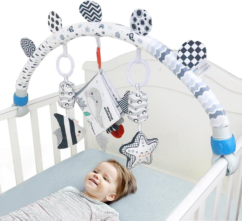 Baby Activity Arch Bassinet Toy, Black and White Travel Mobile Toy Bar with Hanging Animals, Stroller, Pram and Crib Attachment Toys (Ocean) - Animal image number 4