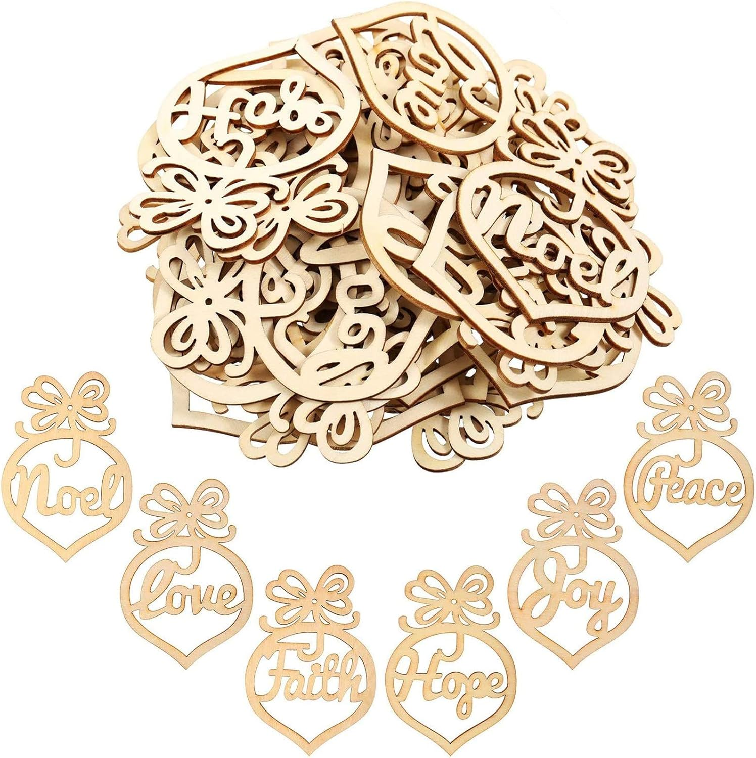 Boao 72 Pieces Christmas Wooden Hollow Hanging Ornaments Christmas Tree Hanging Tags with Red Ribbons for Xmas Decorations image number 5