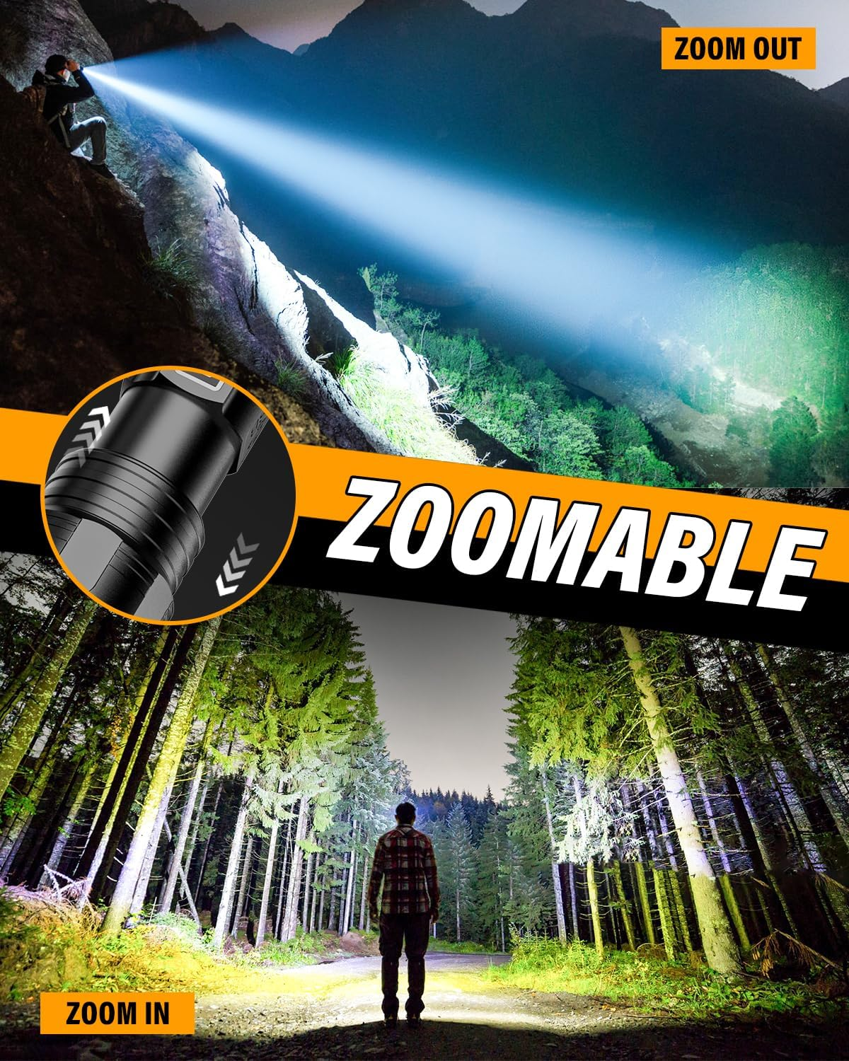 Professional Powerful LED Torch, 500000 Lumens, Rechargeable LED Flashlight with 5000 Mah Battery, Zoomable 5 Modes Military Torch, IP67 Waterproof Tactical Flashlight AK-01 (Black) image number 6